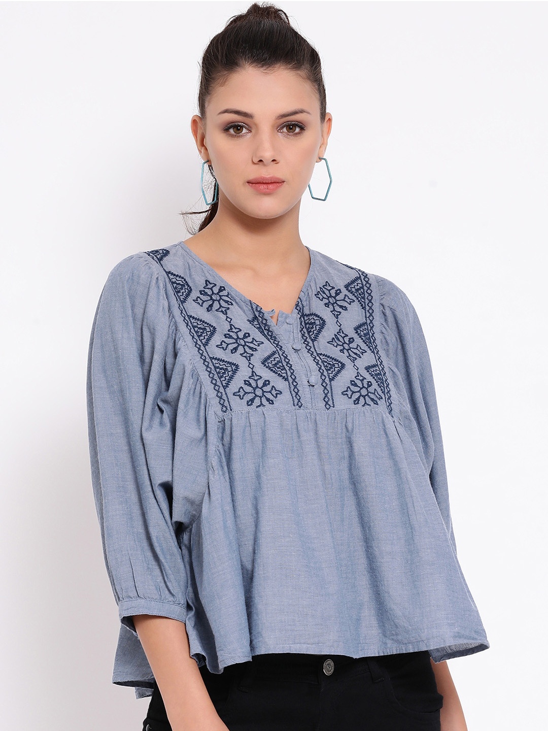 

Oxolloxo Women Grey Printed High-Low Pure Cotton Top