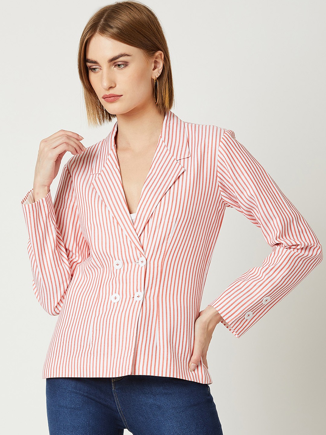 

Miss Chase Women Orange Striped Tailored Jacket