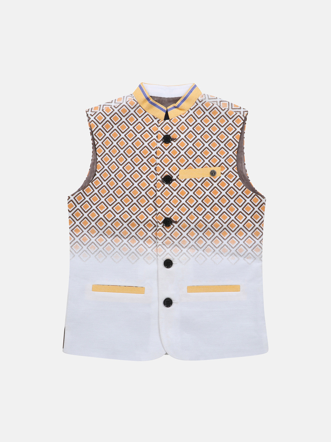 

Lil Tomatoes Boys Yellow & White Printed Woven Nehru Jacket