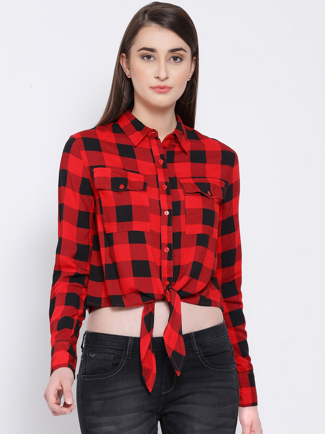 

Oxolloxo Women Red & Black Checked Shirt Style Top