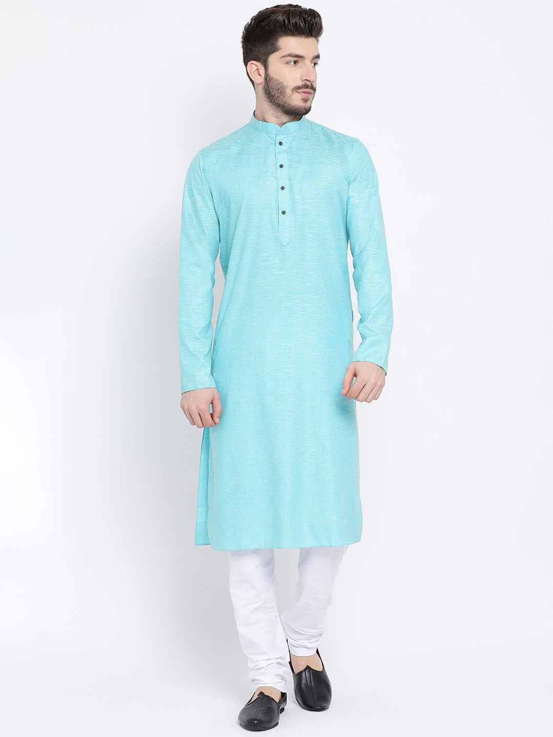 

NAMASKAR Men Blue & White Solid Kurta with Churidar