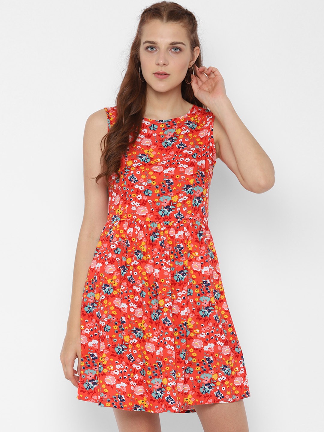 

People Women Orange Floral Print Fit and Flare Dress