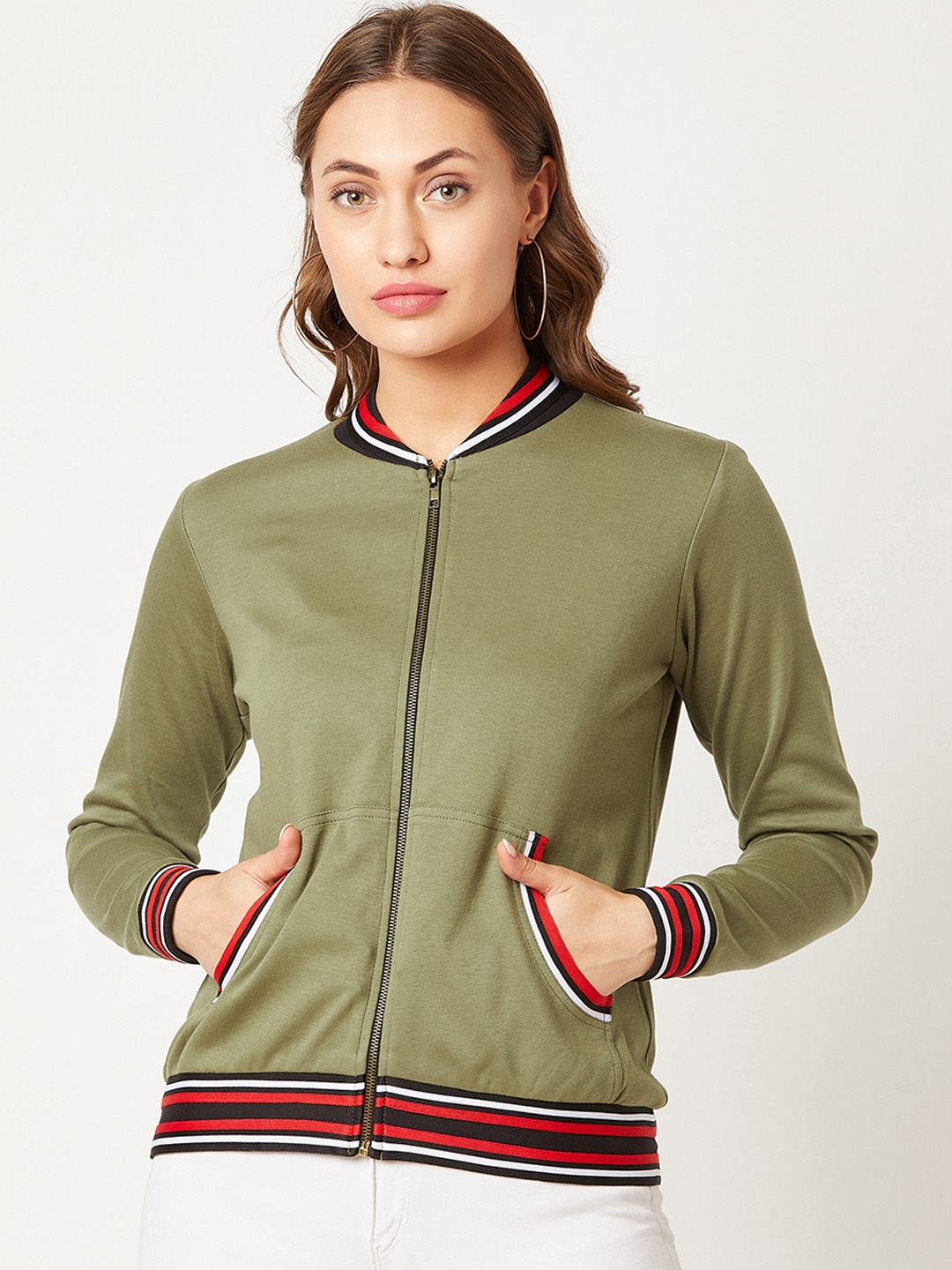 

Miss Chase Women Olive Green Solid Bomber Jacket