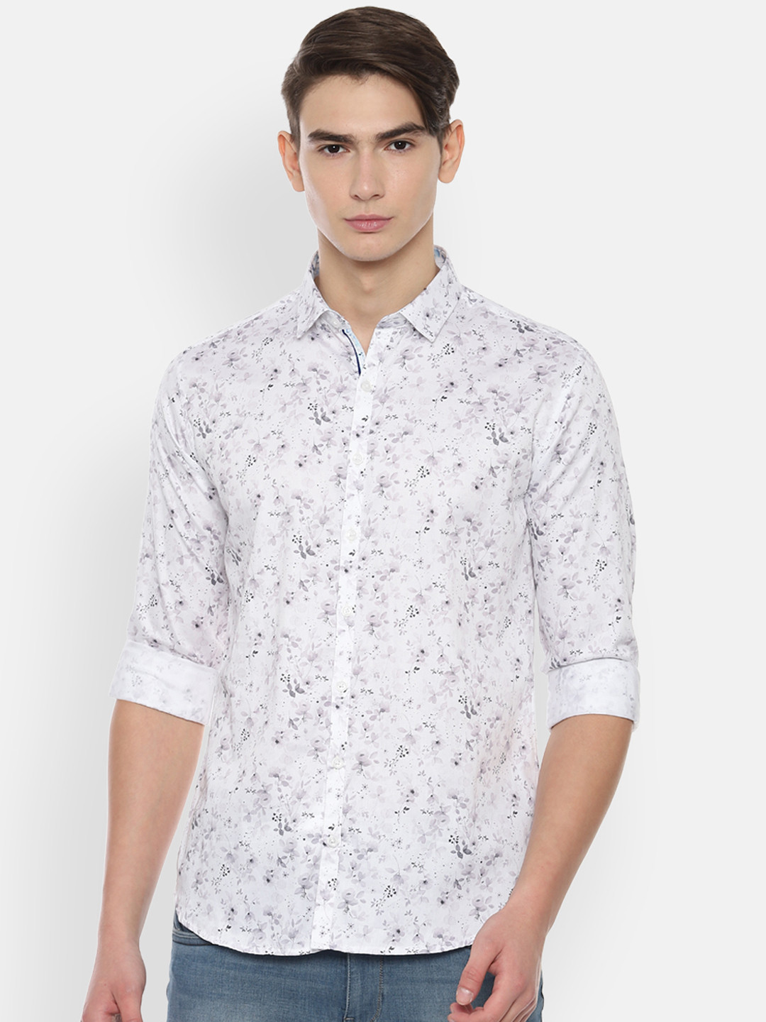 

V Dot Men White Slim Fit Printed Casual Shirt