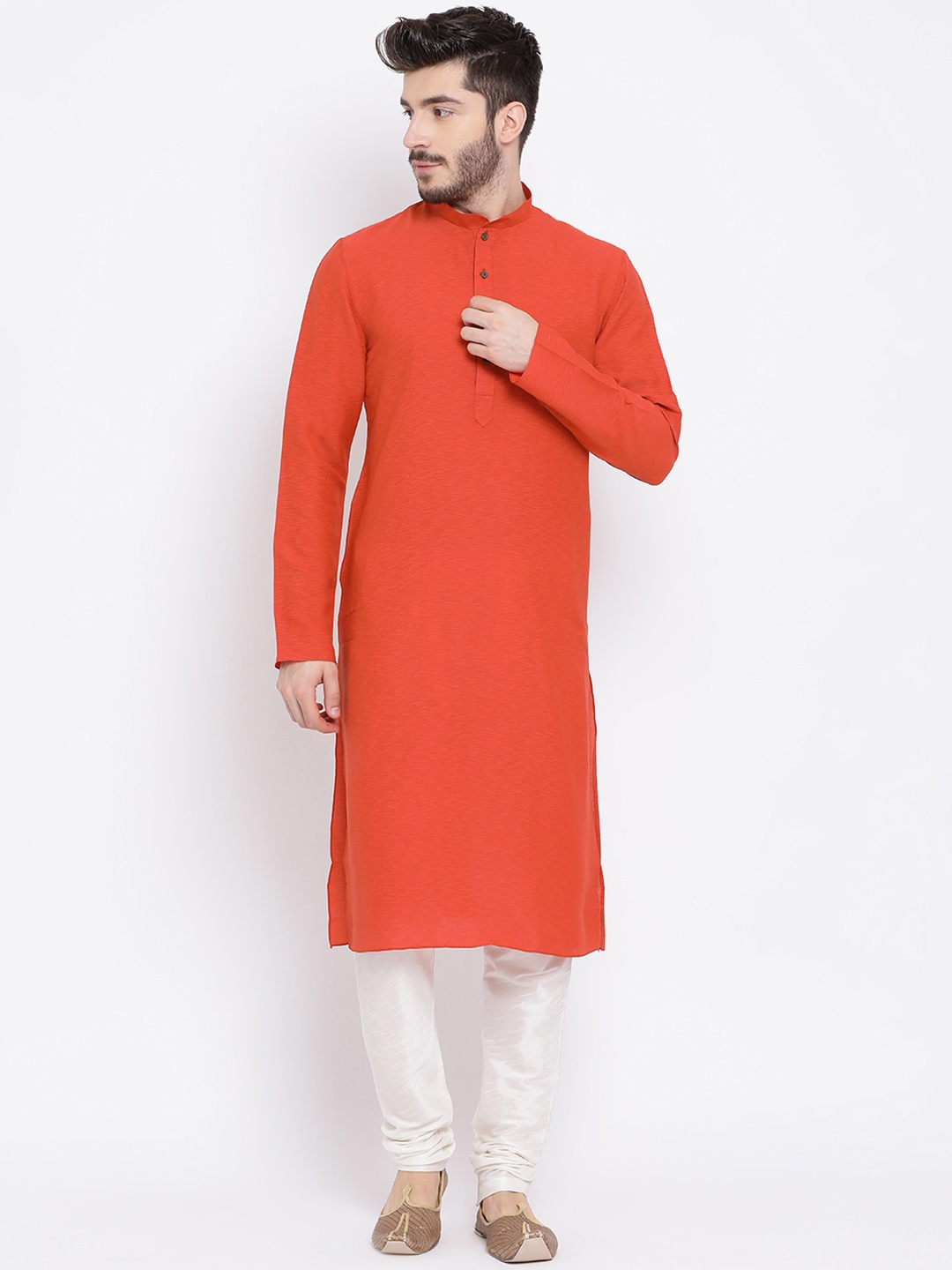 

NAMASKAR Men Orange & White Solid Kurta with Churidar
