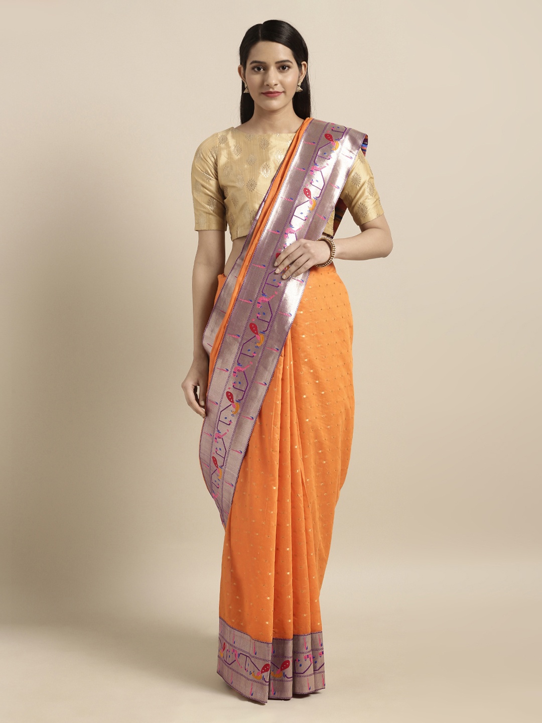

Mitera Orange Silk Cotton Woven Design Paithani Saree