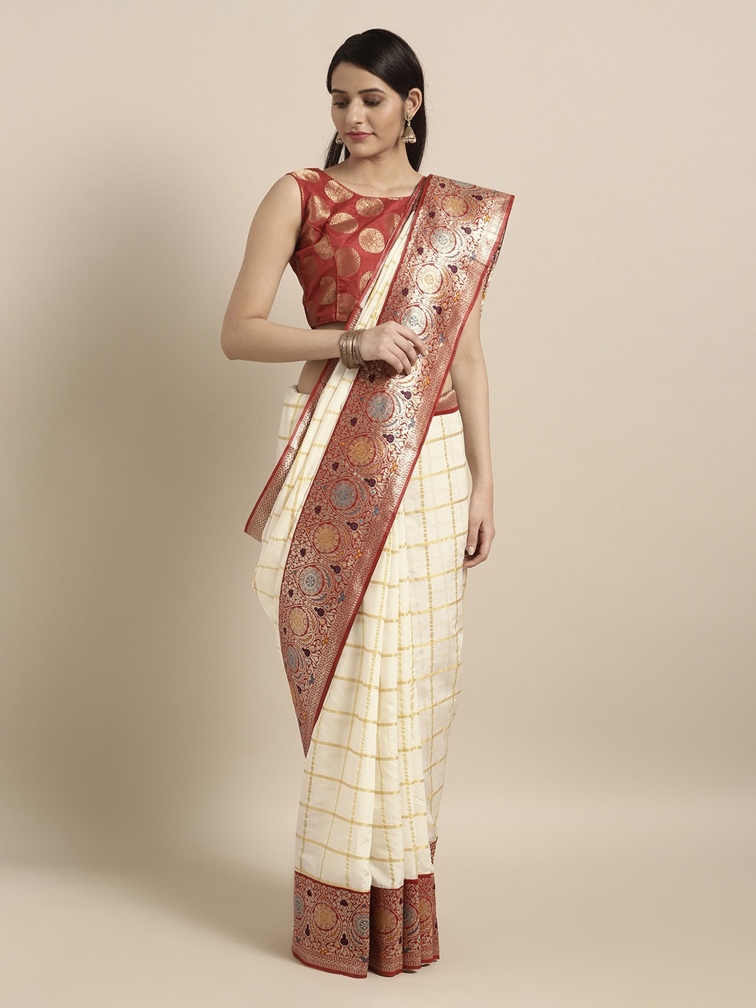 

Mitera Cream-Coloured & Red Silk Blend Woven Design Banarasi Saree
