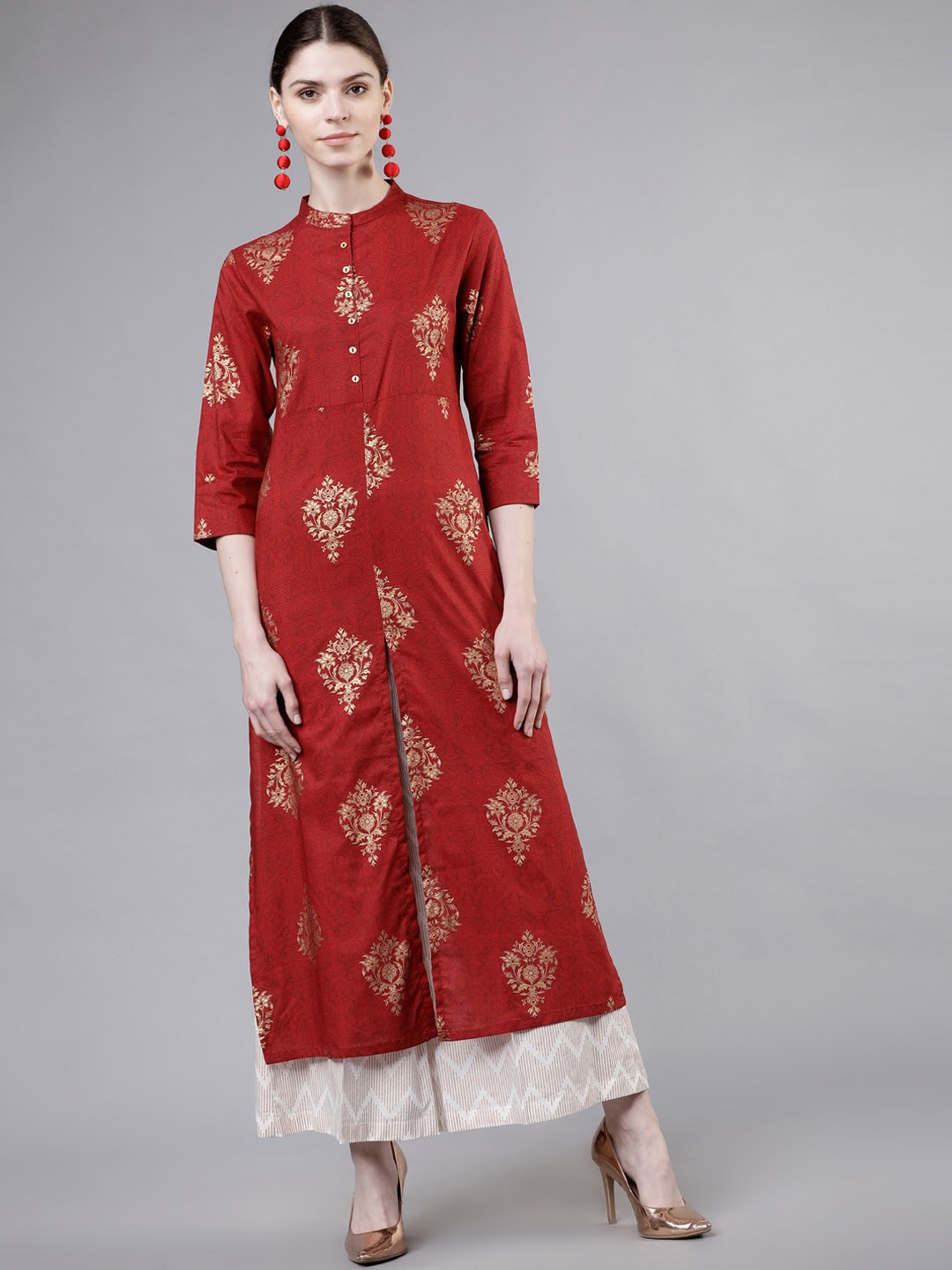 

Vishudh Women Maroon & Gold-Coloured Printed Kurta with Palazzos