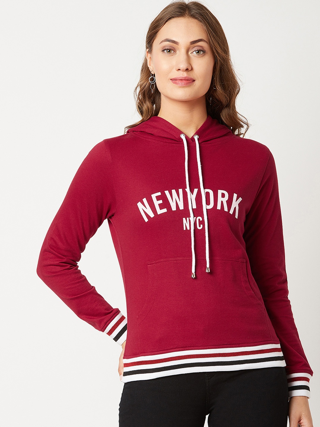 Miss Chase Women Maroon Printed Hooded Sweatshirt