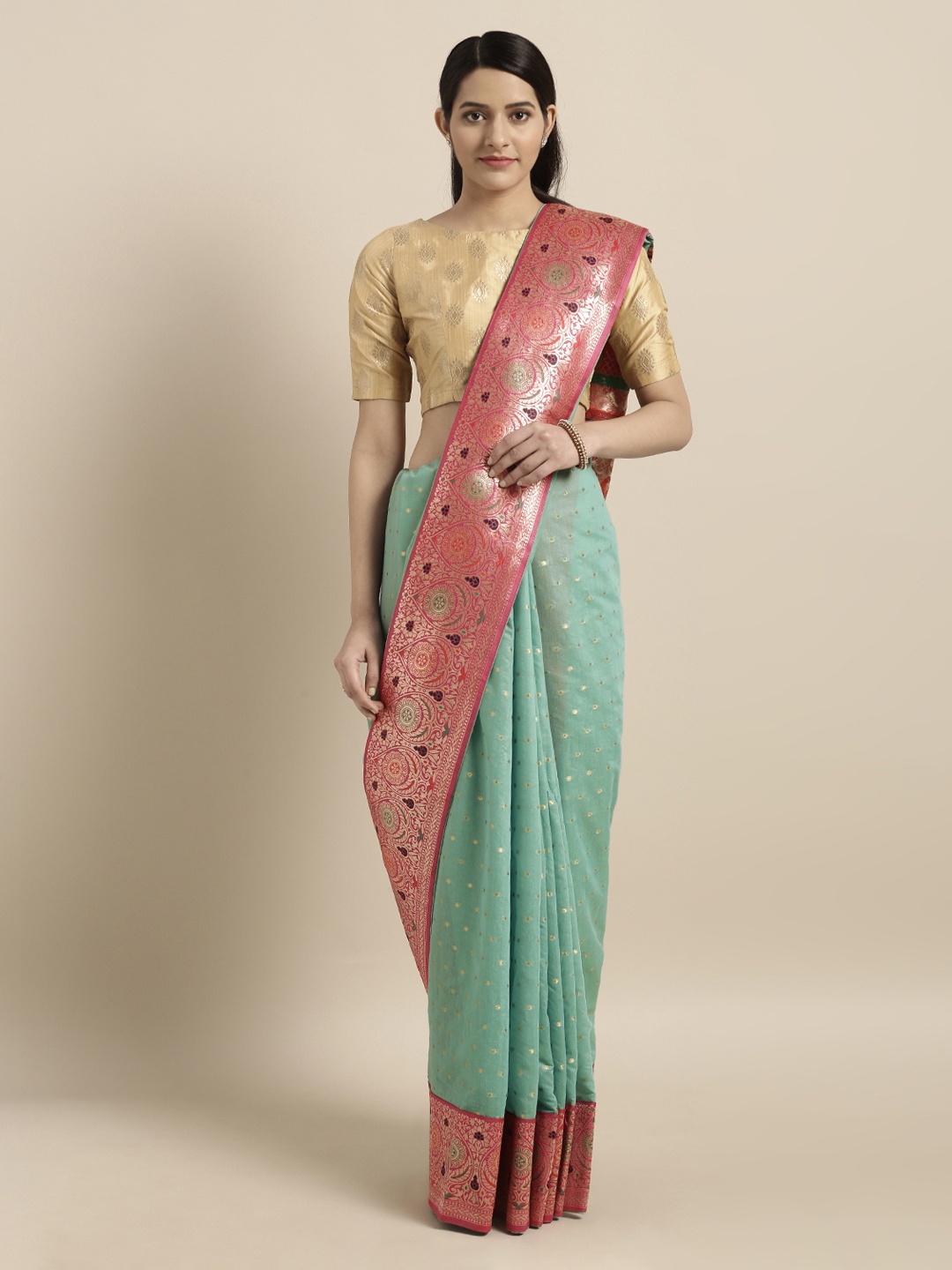 

Mitera Teal & Pink Silk Cotton Woven Design Banarasi Saree