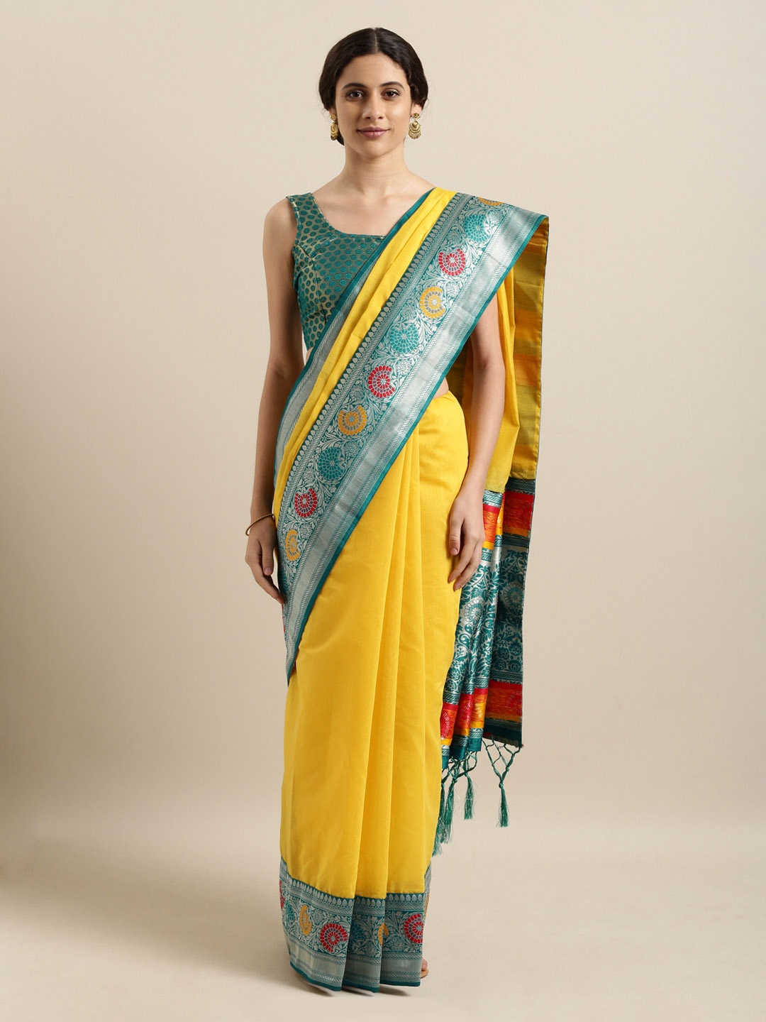 

Mitera Yellow & Teal Blue Silk Cotton Woven Design Banarasi Saree