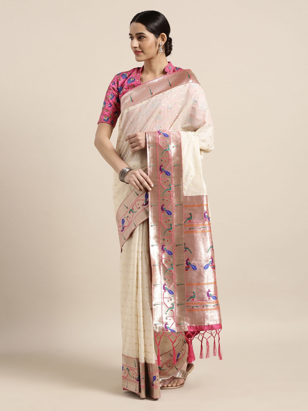 Mitera Cream-Coloured & Pink Silk Cotton Woven Design Paithani Saree