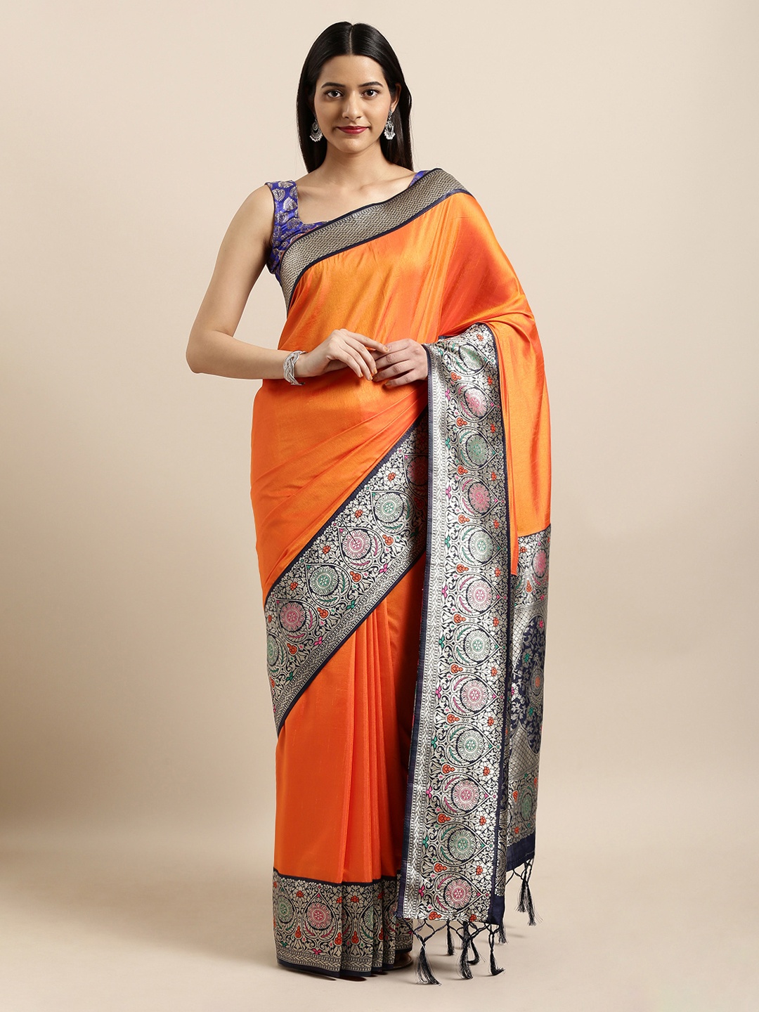 

Mitera Orange & Navy Blue Silk Blend Solid Banarasi Saree