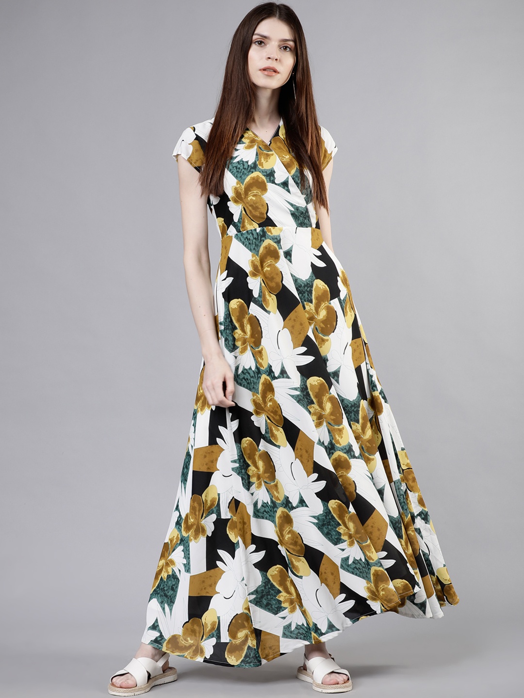 

Tokyo Talkies Women Off-White & Olive Green Printed Wrap Maxi Dress