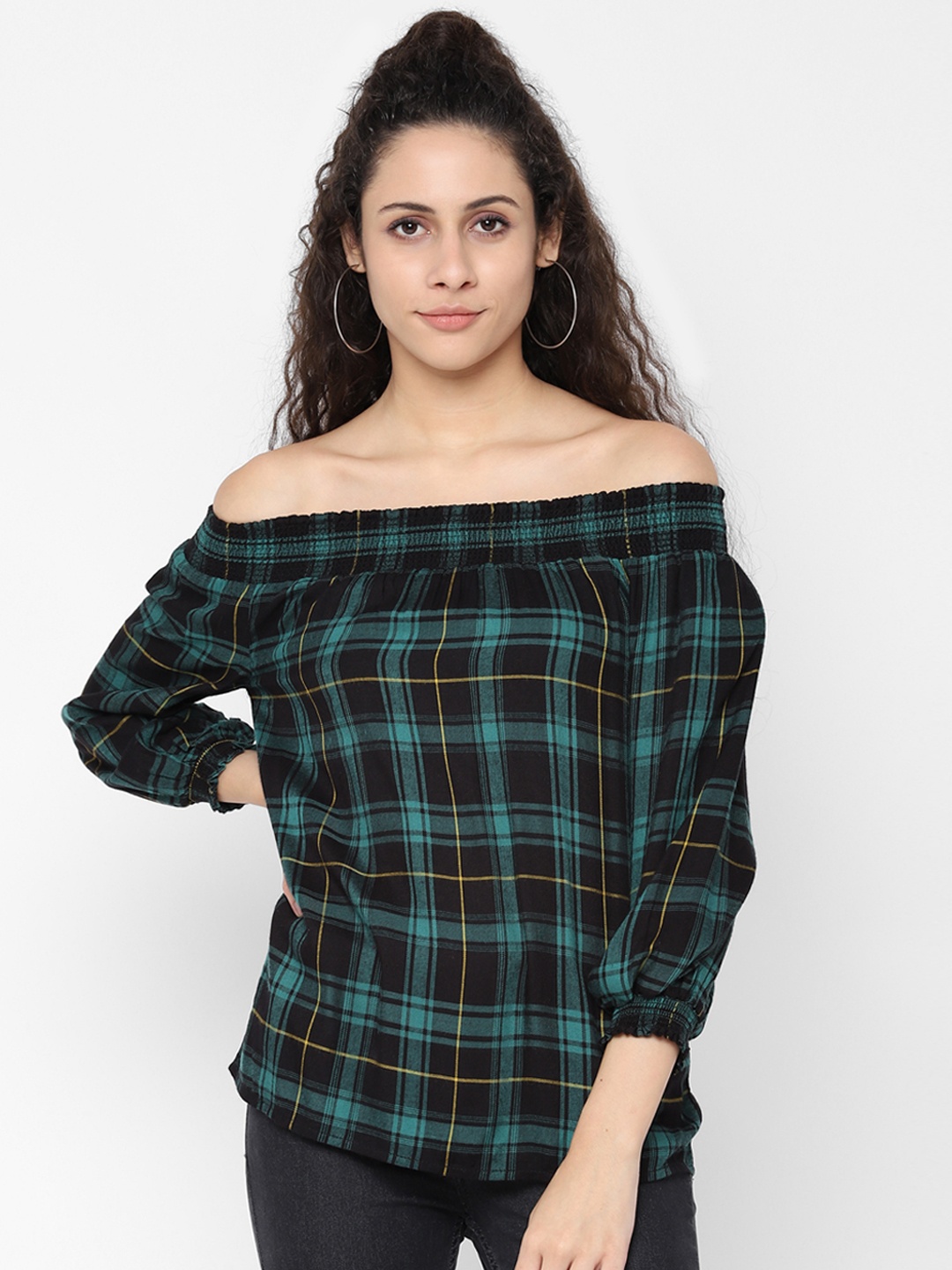 

People Women Blue & Black Checked Bardot Top