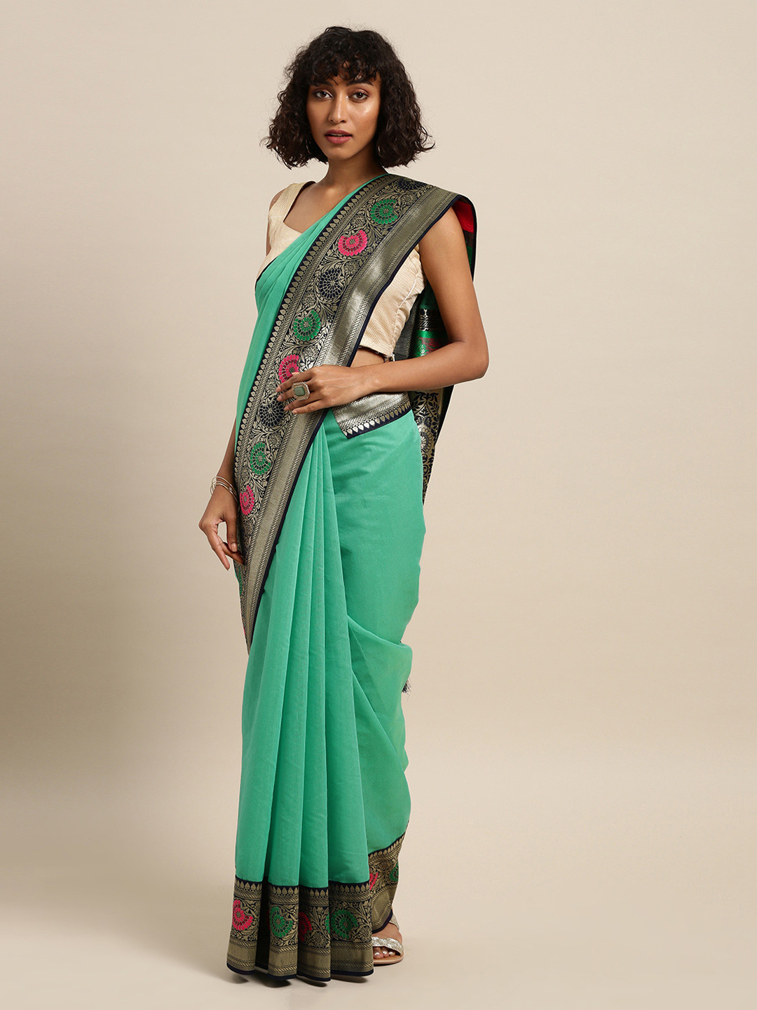 

Mitera Teal Green Silk Cotton Woven Design Banarasi Saree