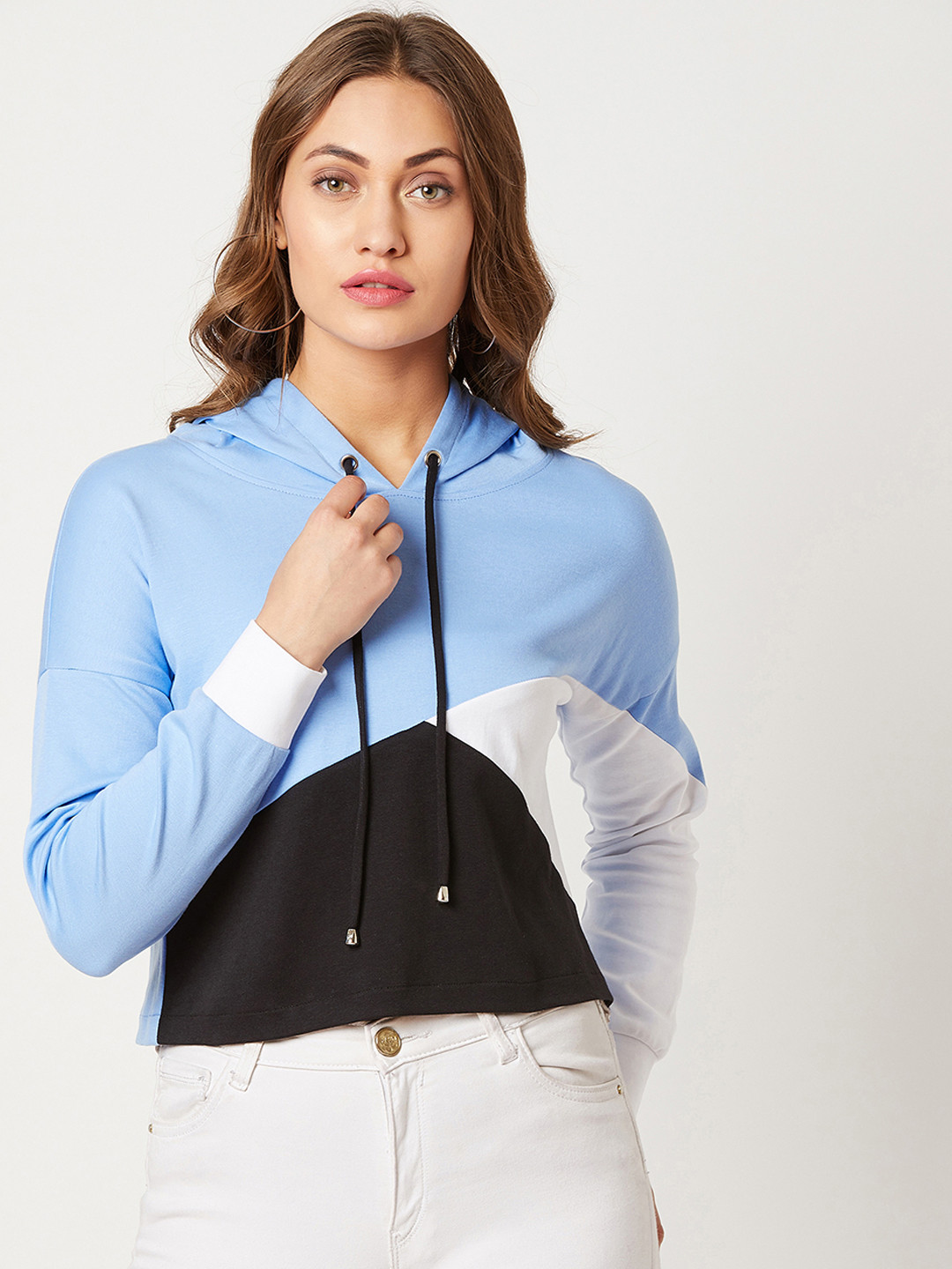 

Miss Chase Women Blue Colourblocked Hooded Sweatshirt