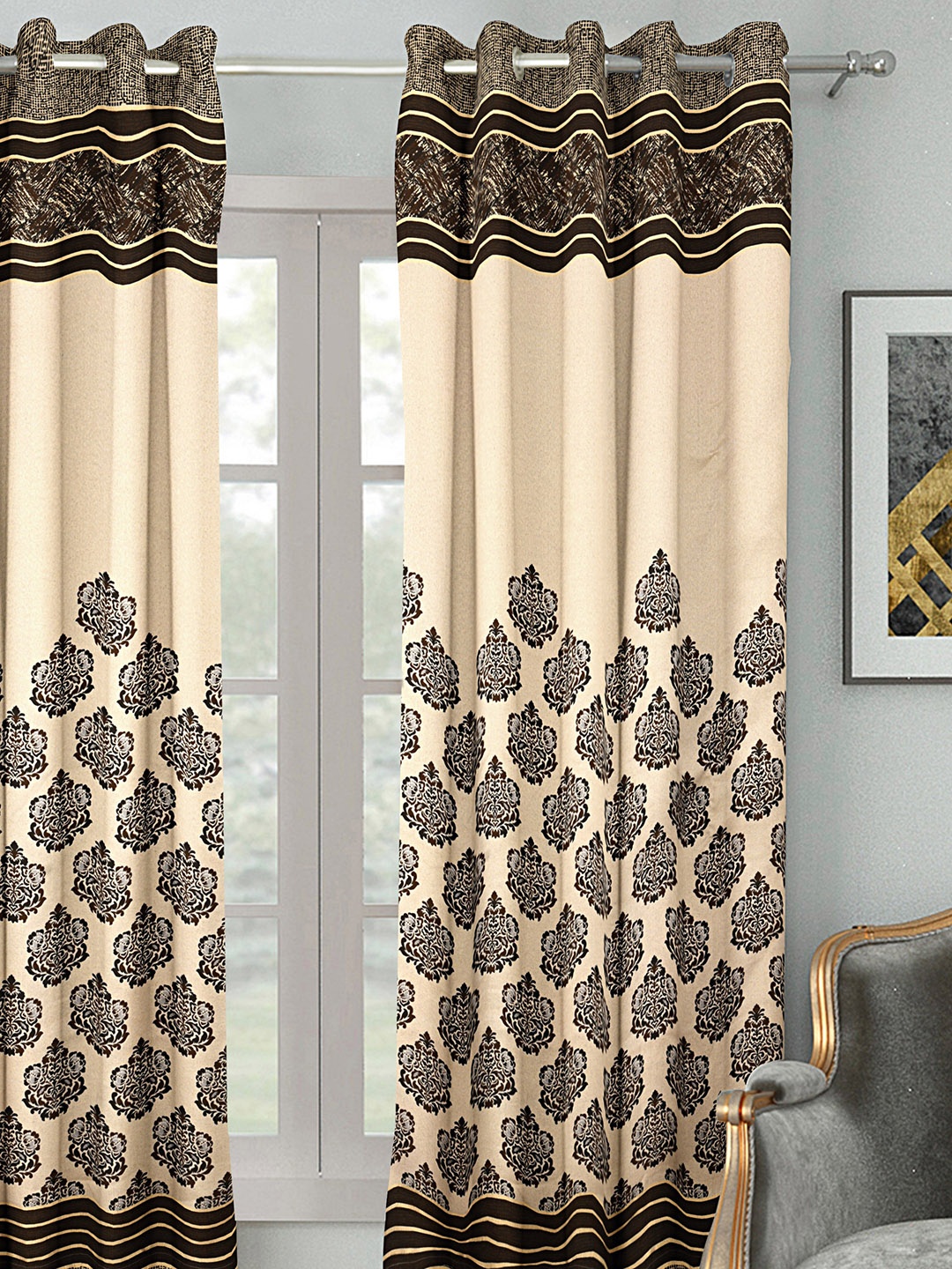 

HOUZZCODE Beige & Brown Single Room Darkening Curtain