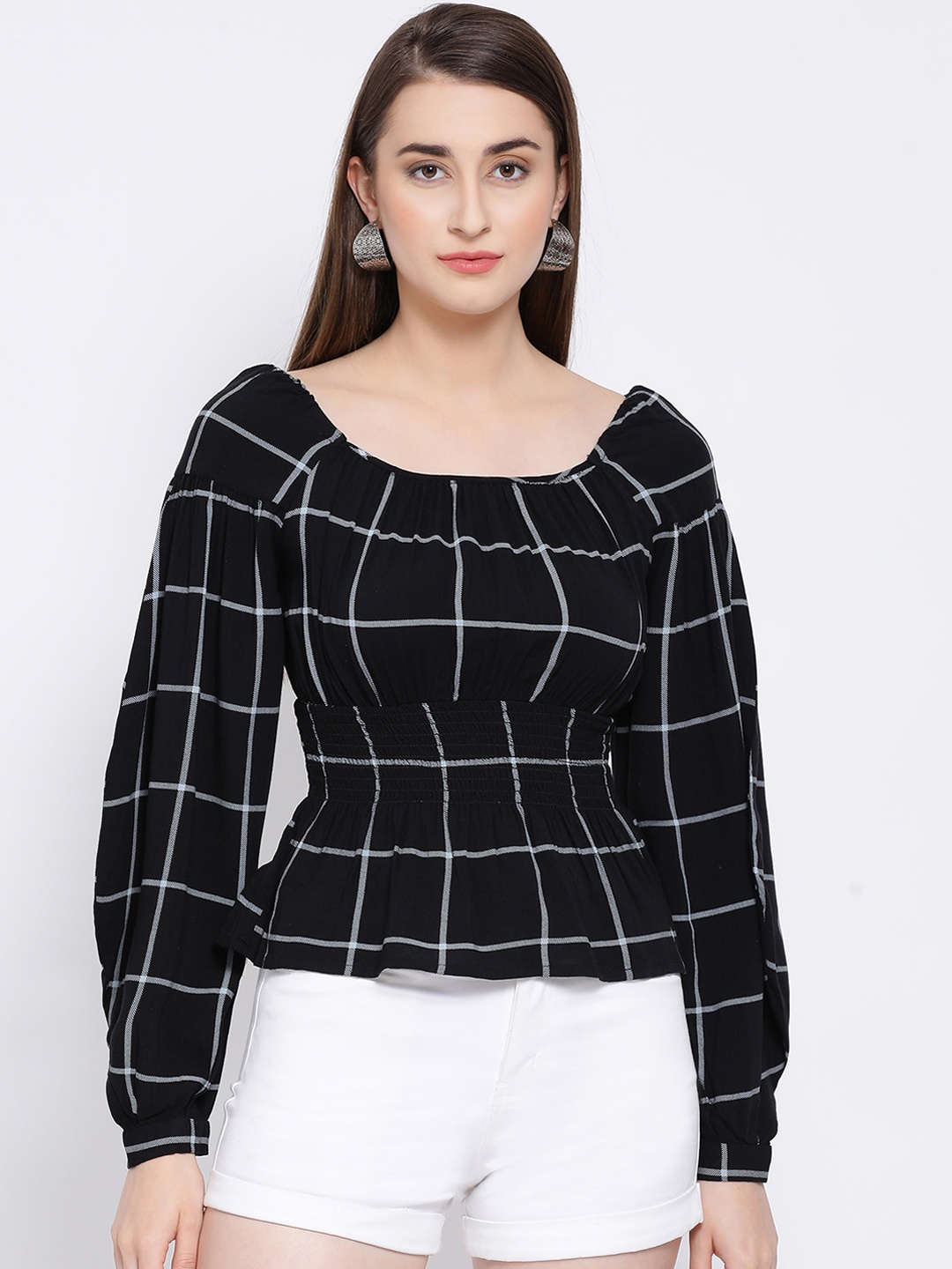 

Oxolloxo Women Black & Grey Checked Cinched Waist Top