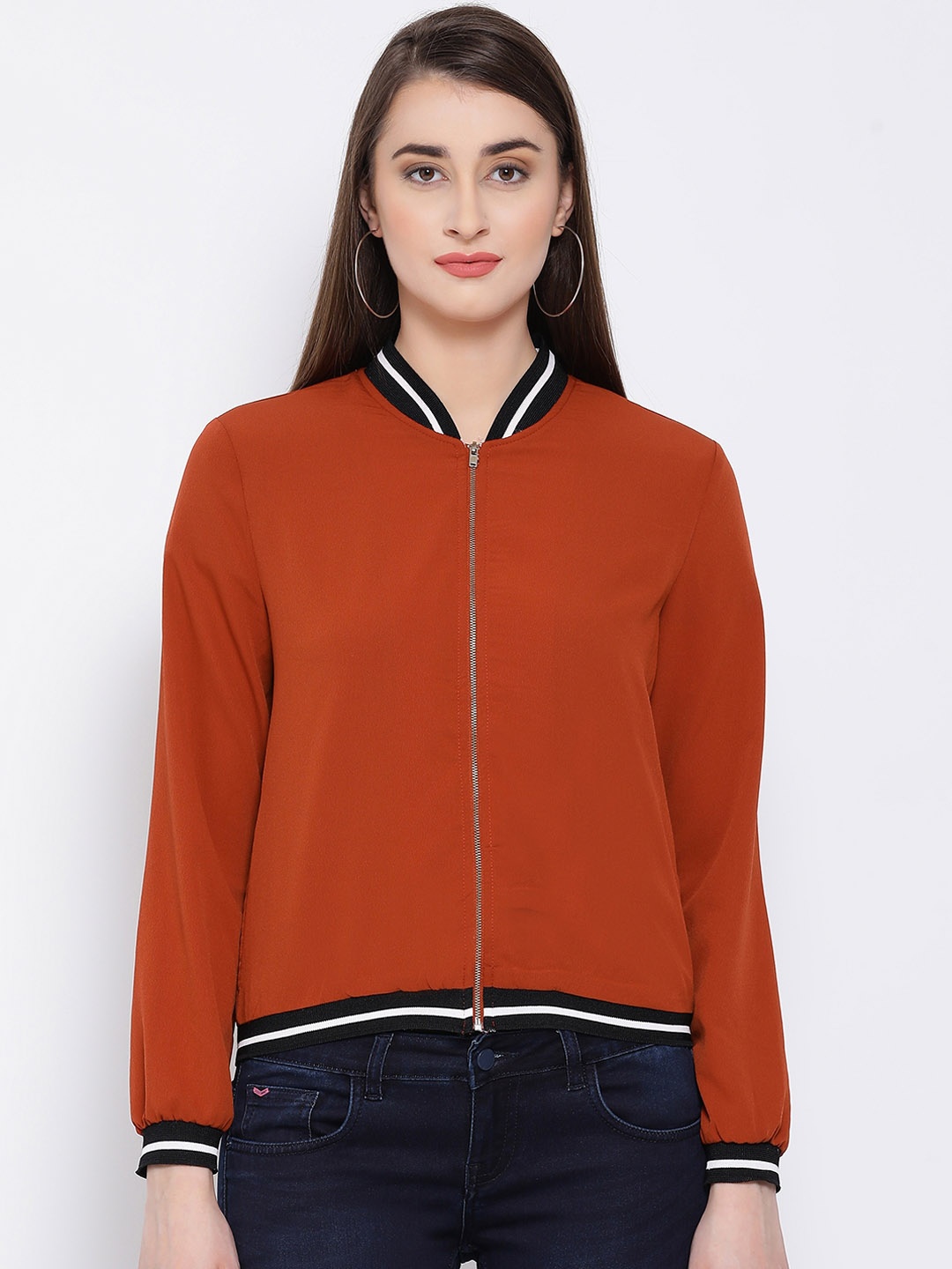 

Oxolloxo Women Rust Striped Lightweight Jacket