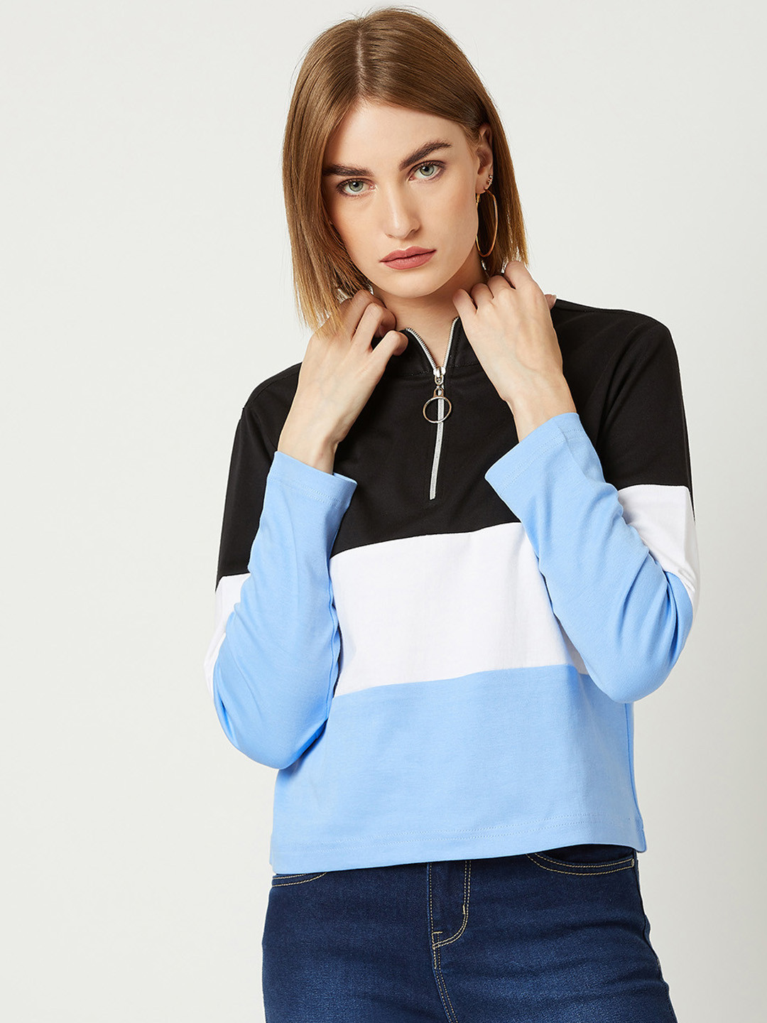

Miss Chase Women Black & Blue Colourblocked Sweatshirt