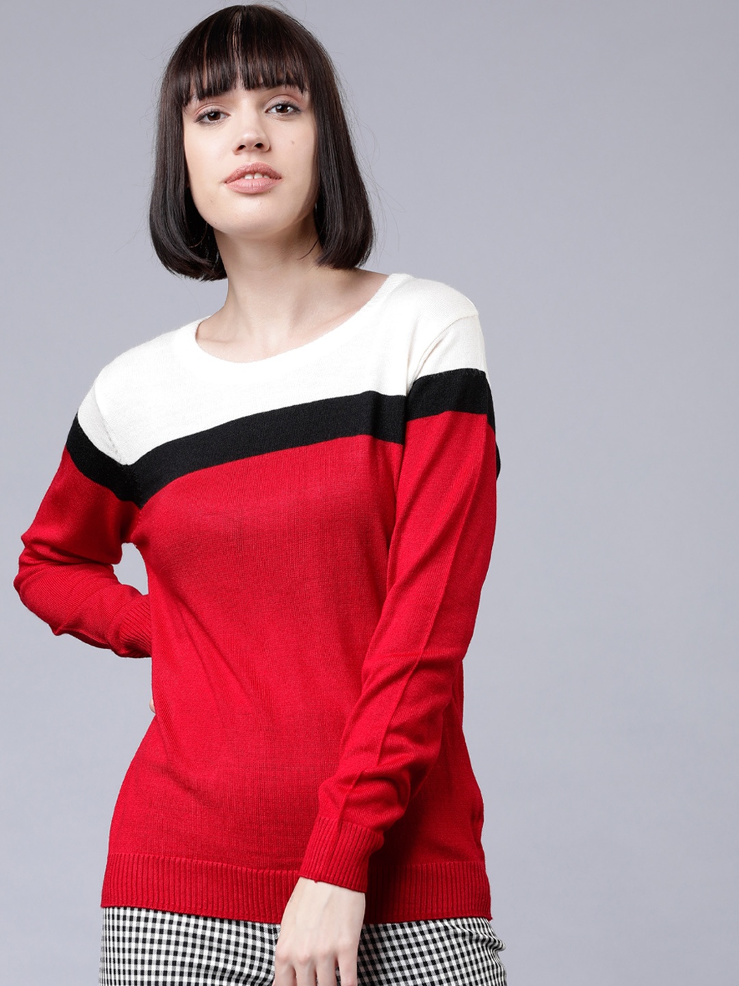 

Tokyo Talkies Women Off-White & Red Colourblocked Sweater