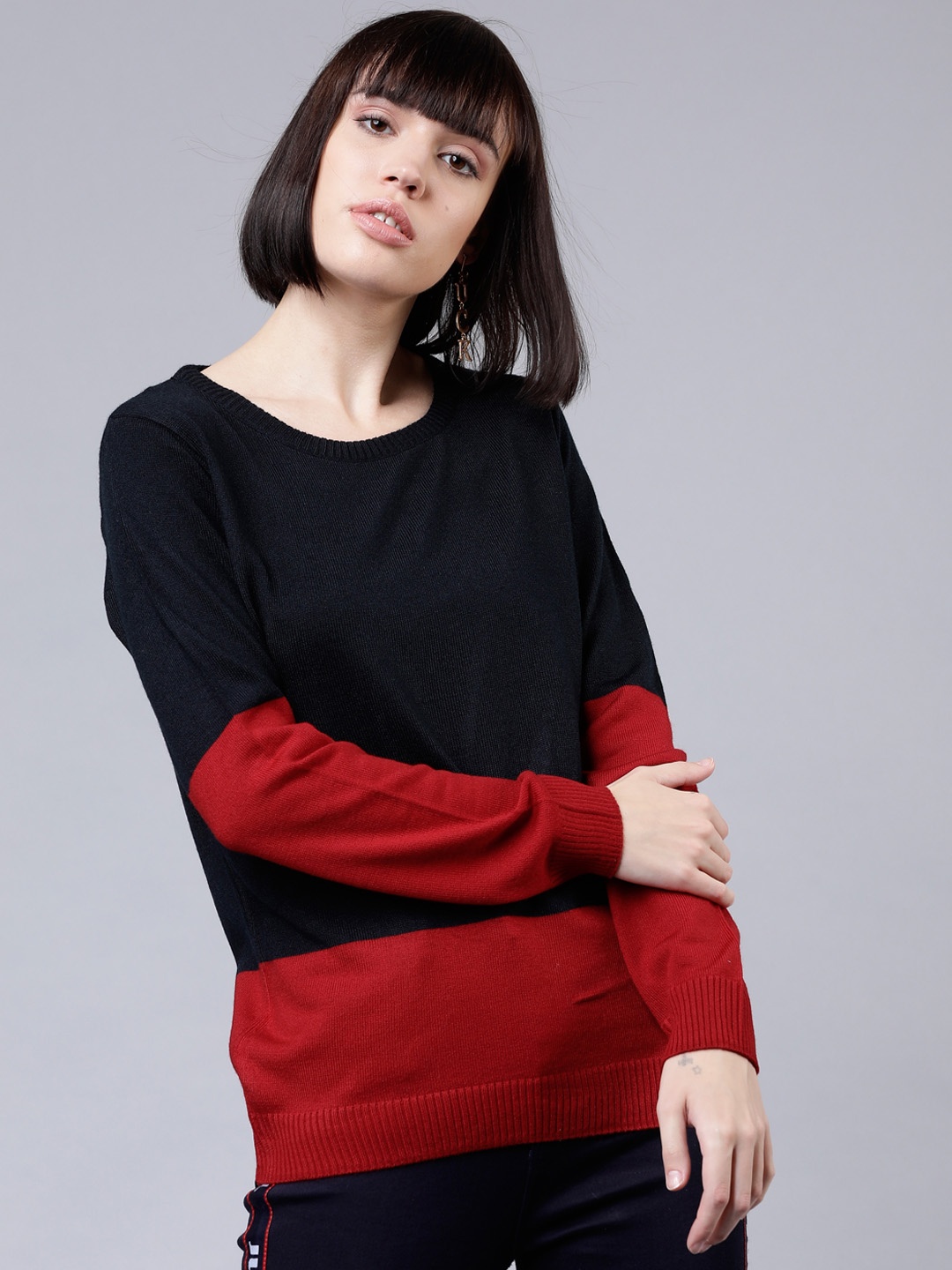 

Tokyo Talkies Women Red & Navy Blue Colourblocked Sweater