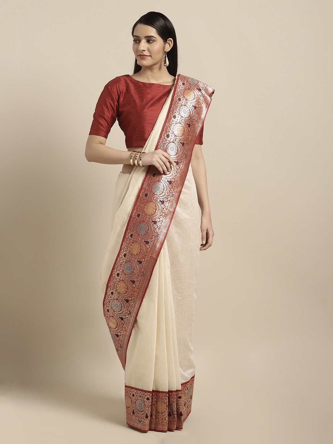 

Mitera Cream-Coloured & Red Silk Cotton Woven Design Banarasi Saree