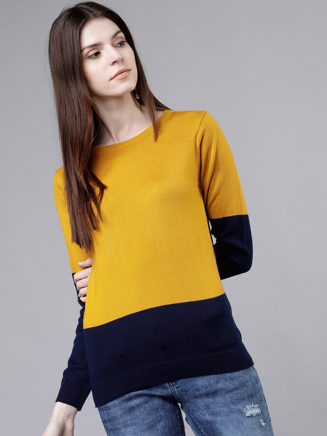 

Tokyo Talkies Women Mustard & Navy Blue Colourblocked Sweater