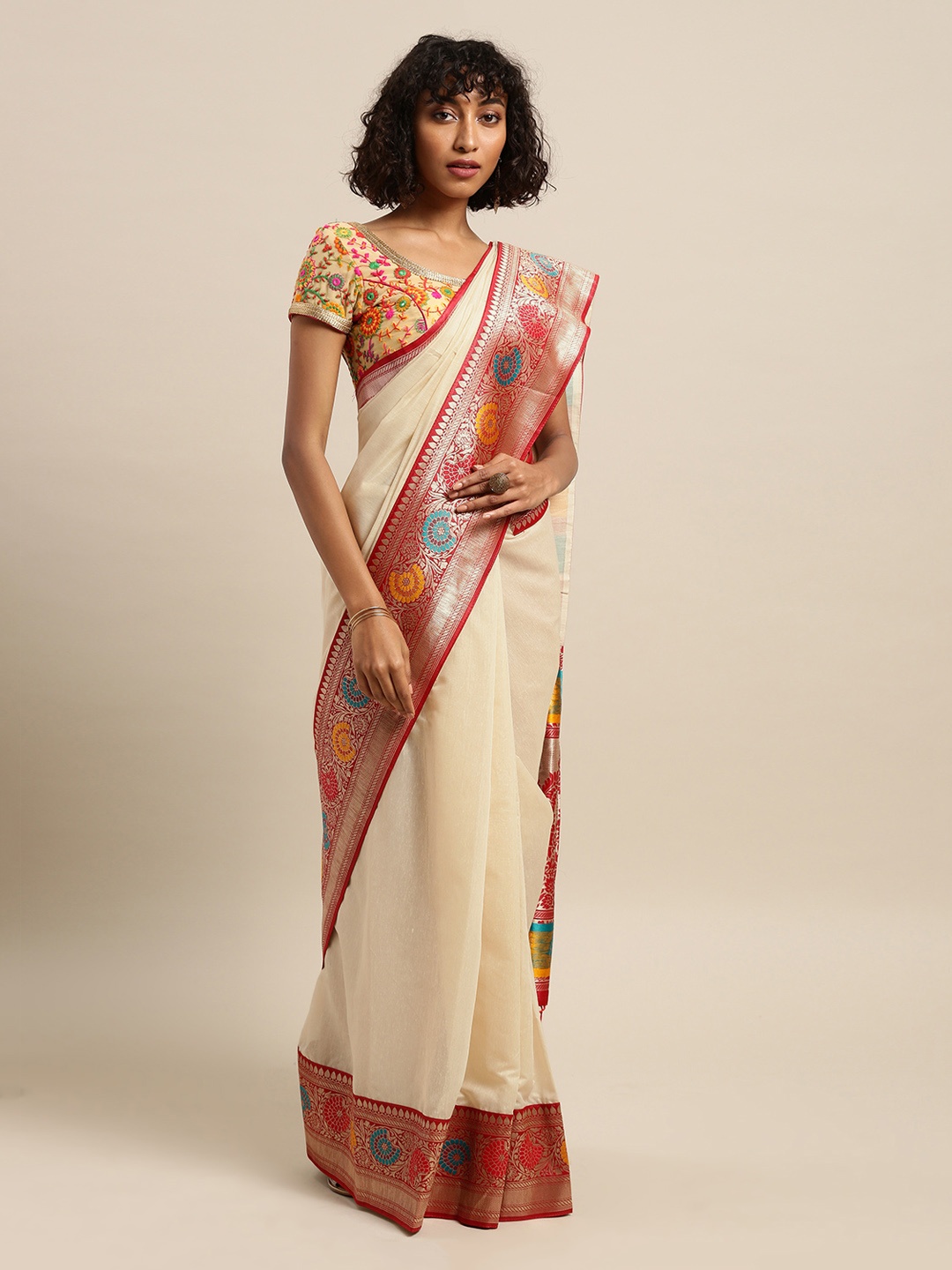 

Mitera Cream-Coloured & Red Silk Cotton Woven Design Banarasi Saree