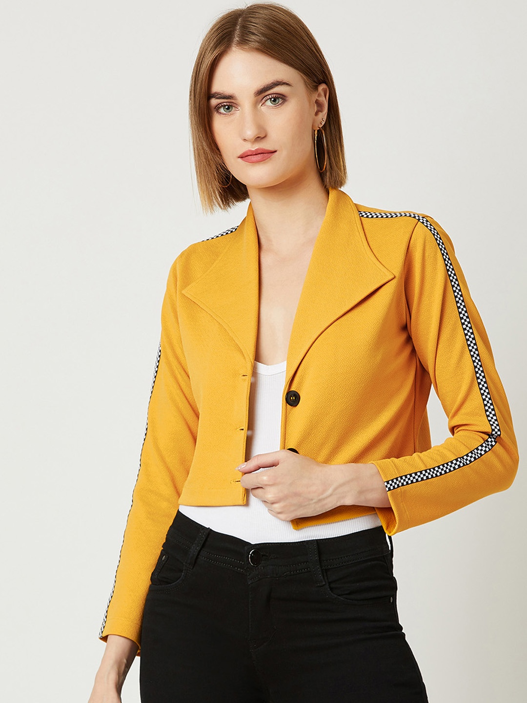 

Miss Chase Women Mustard Yellow Solid Crop Tailored Jacket