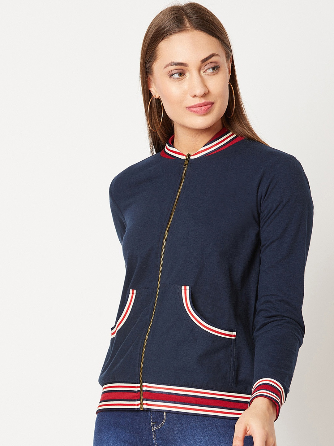 

Miss Chase Women Navy Blue Striped Bomber Jacket