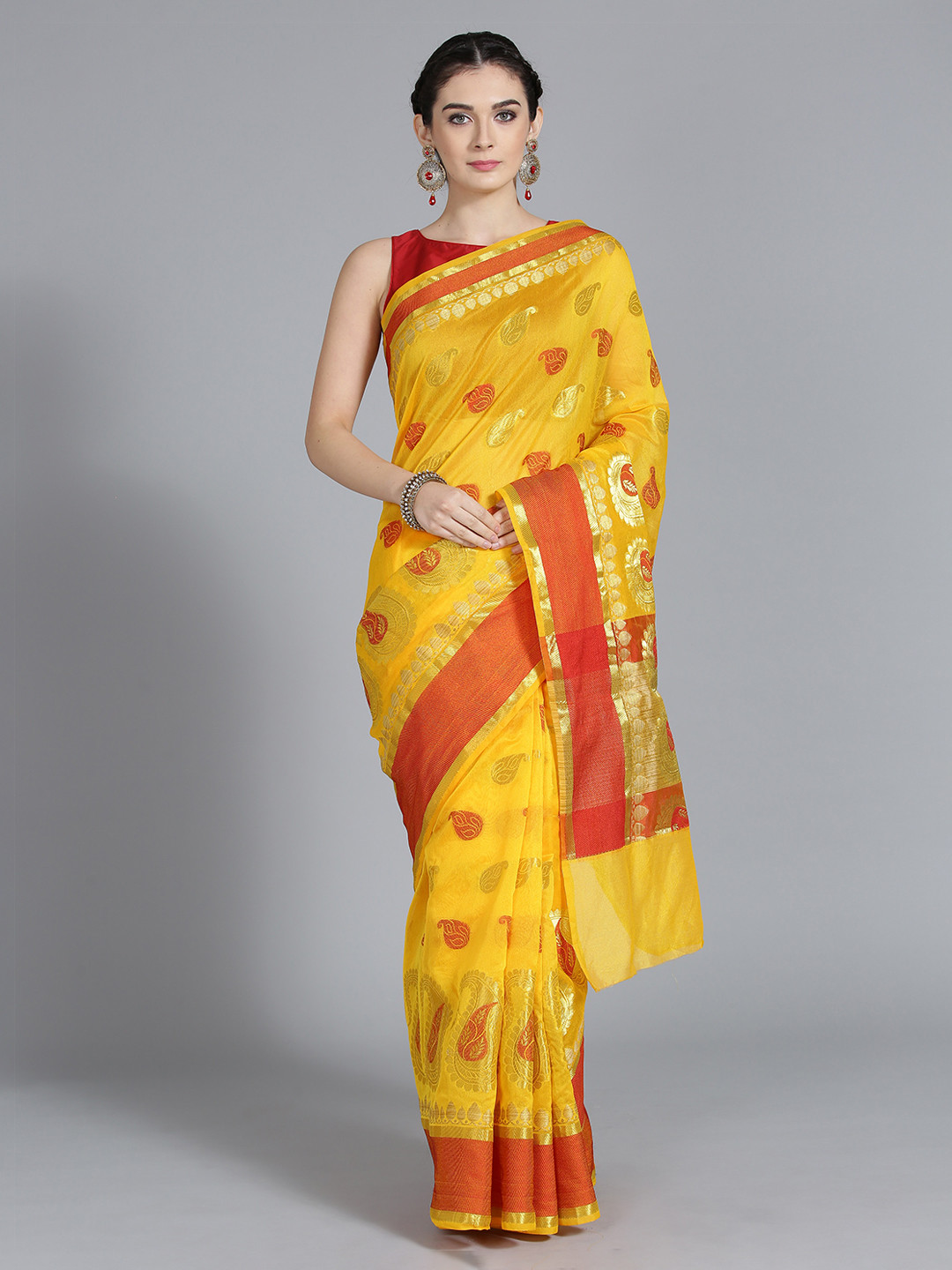 

Mitera Yellow & Rust Red Art Silk Woven Design Chanderi Saree