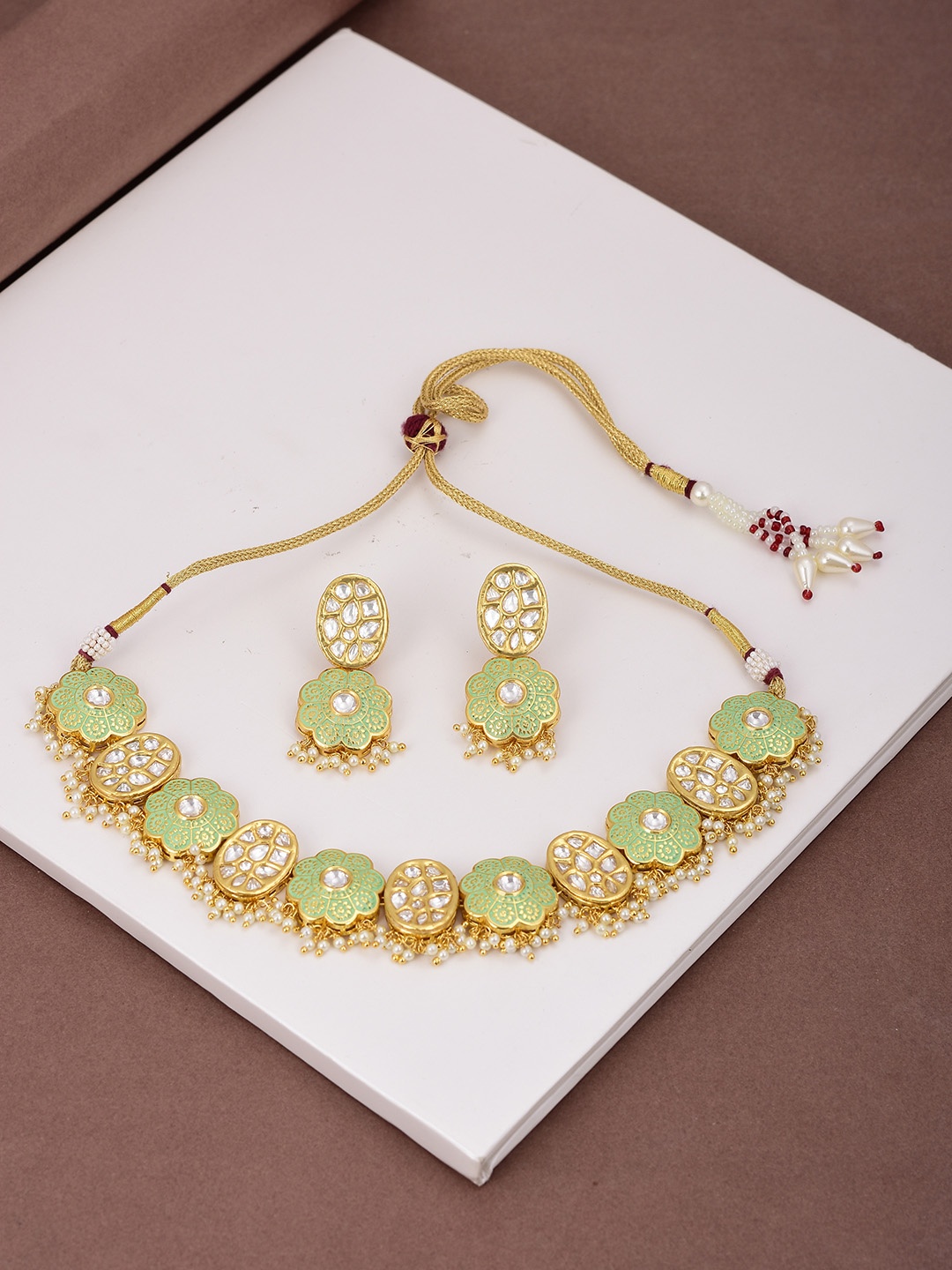 

Tistabene Women Gold-Plated White & Green Enamelled Jewellery Set
