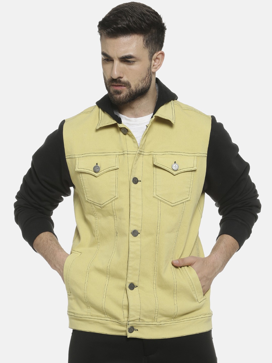 

Campus Sutra Men Yellow Colourblocked Windcheater Denim Jacket
