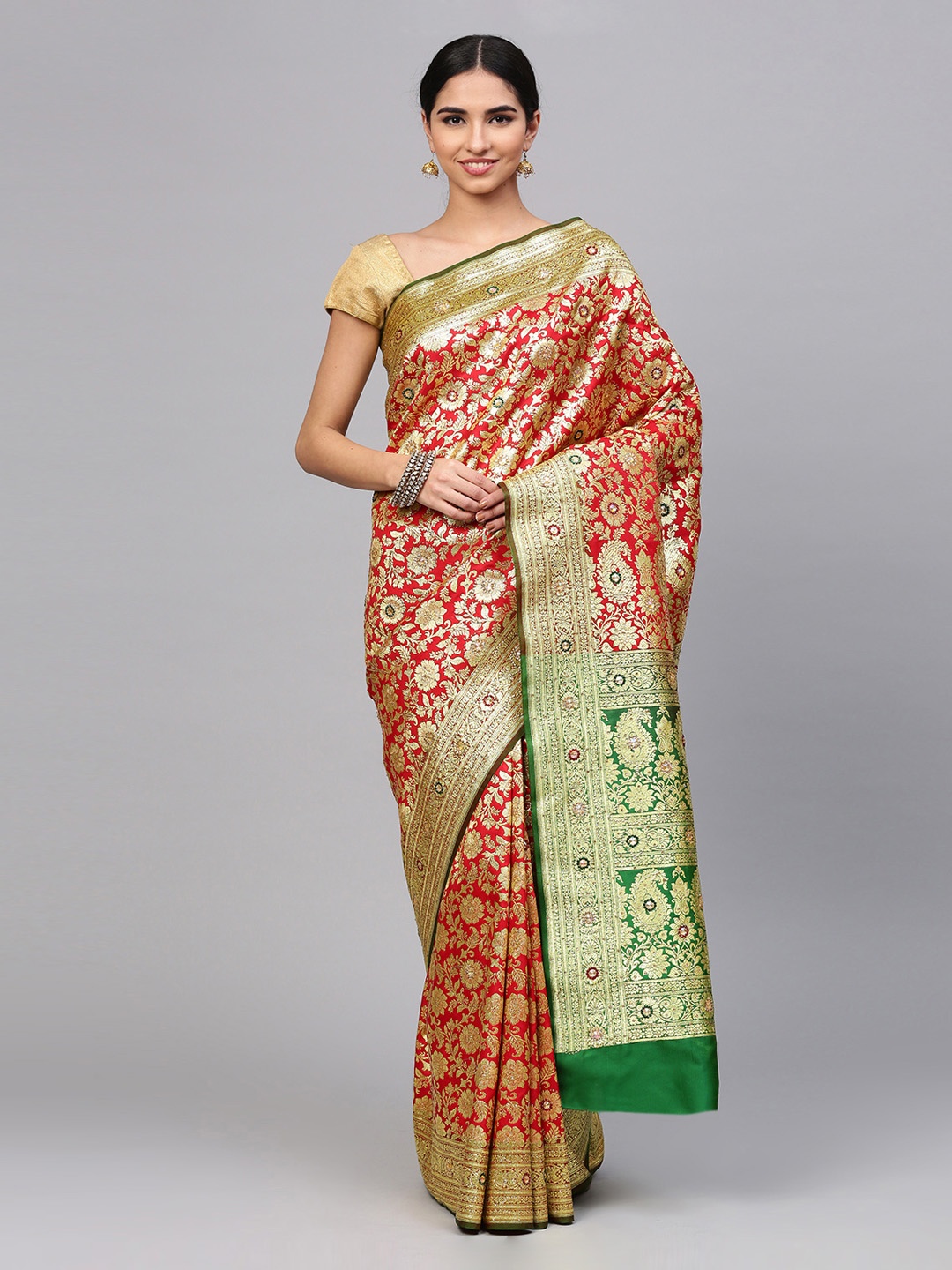 

Mitera Red & Gold-Coloured Art Silk Embellished Banarasi Saree