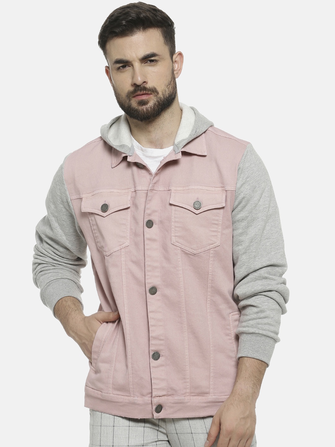 

Campus Sutra Men Pink Colourblocked Windcheater Denim Jacket