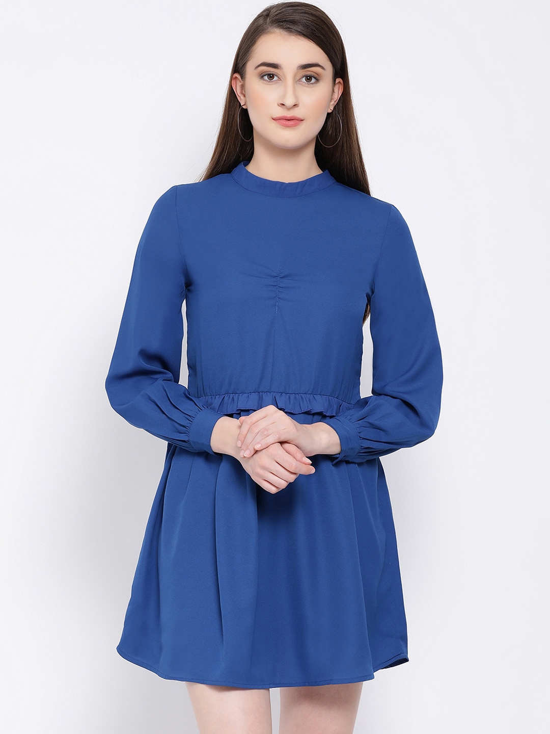 Oxolloxo Women Solid Blue Fit and Flare Dress