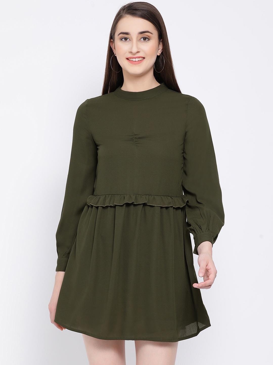 

Oxolloxo Women Solid Olive Green A-Line Dress