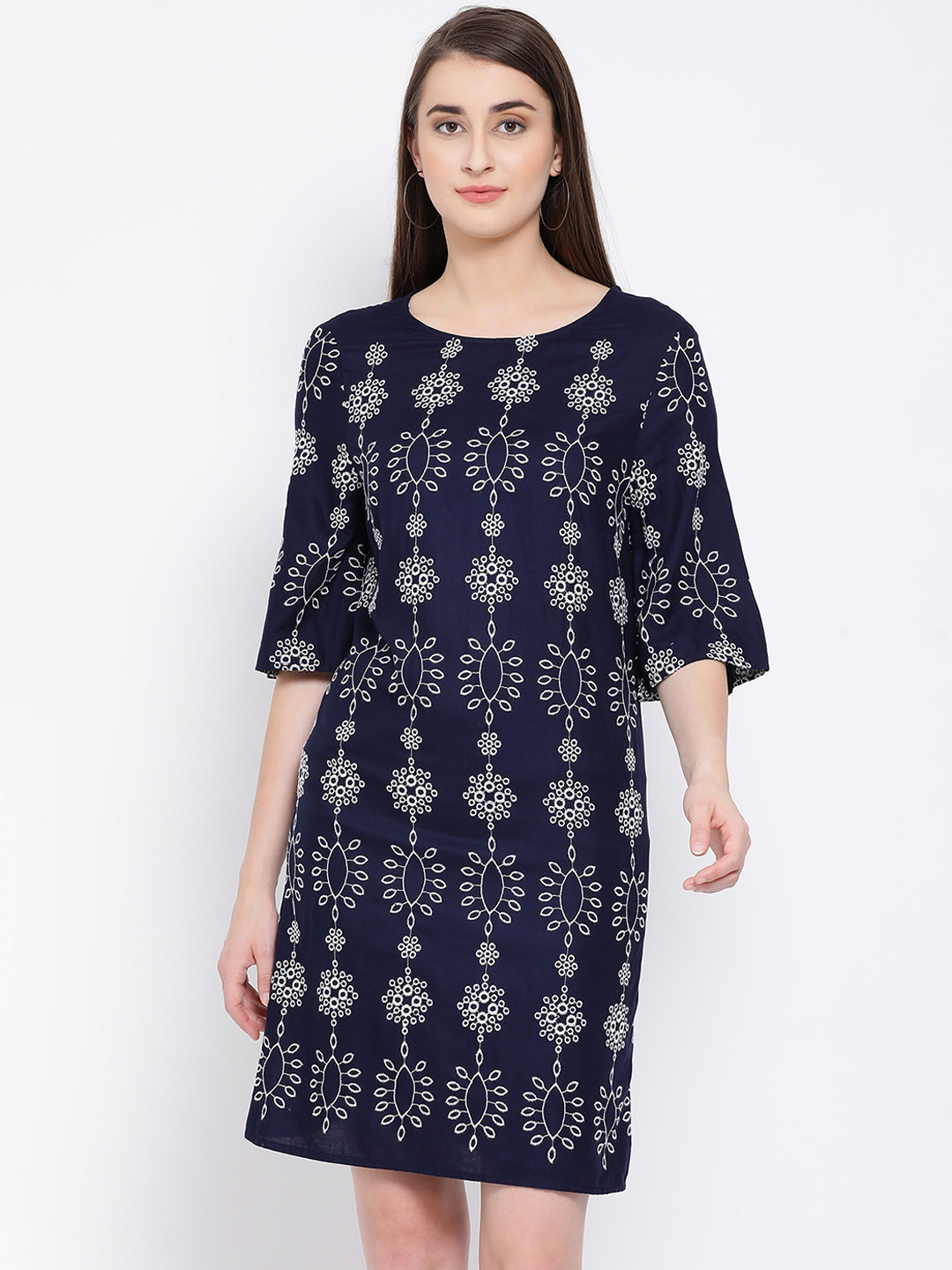 

Oxolloxo Women Printed Navy Blue A-Line Dress