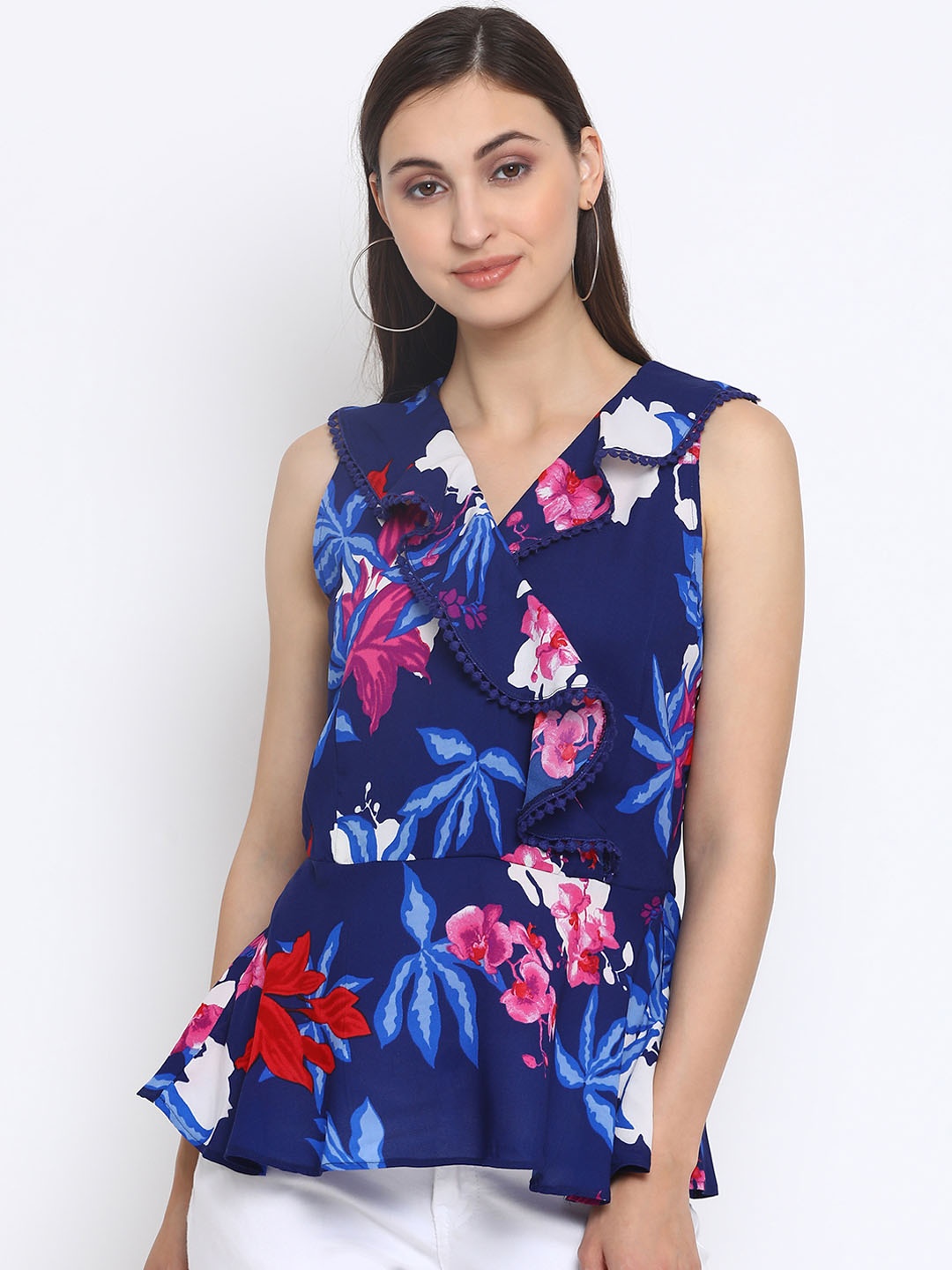 

SQew Women Navy Blue Printed Peplum Top