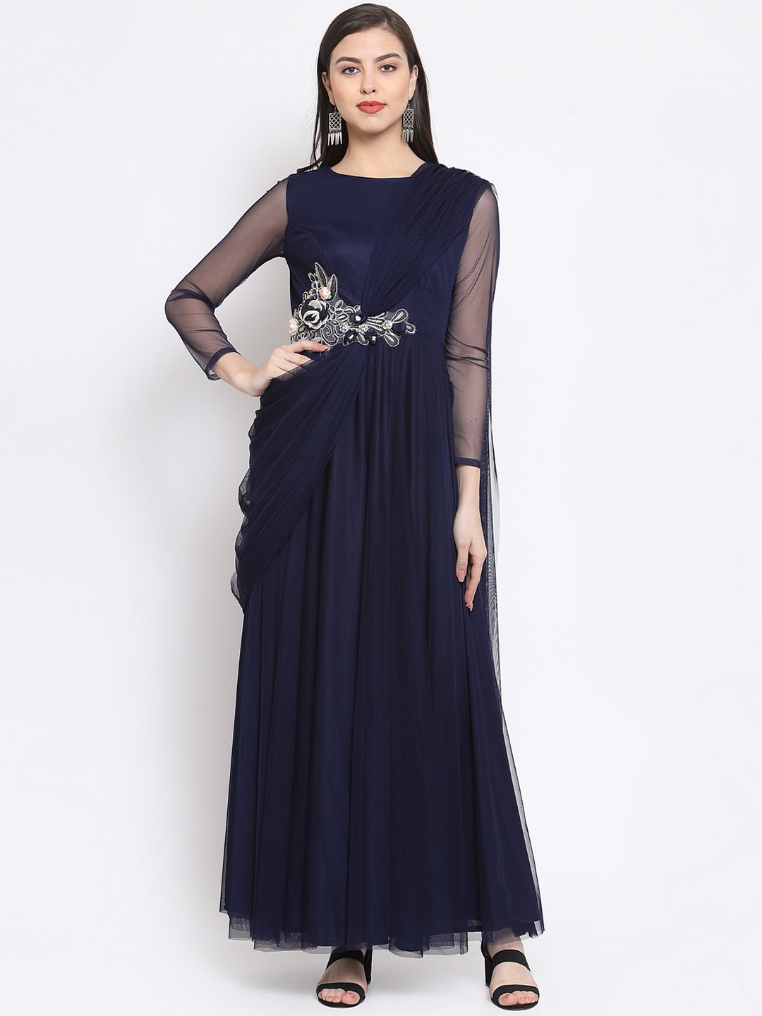 

Just Wow Women Navy Blue Embroidered Applique Maxi Dress