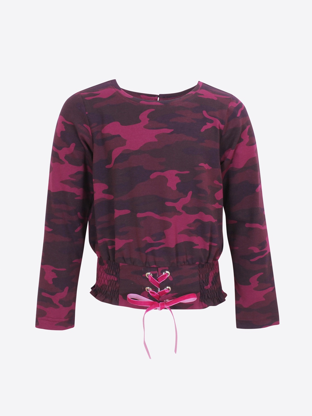 

CUTECUMBER Girls Majenta Printed Smocked Cinched Waist Top, Magenta