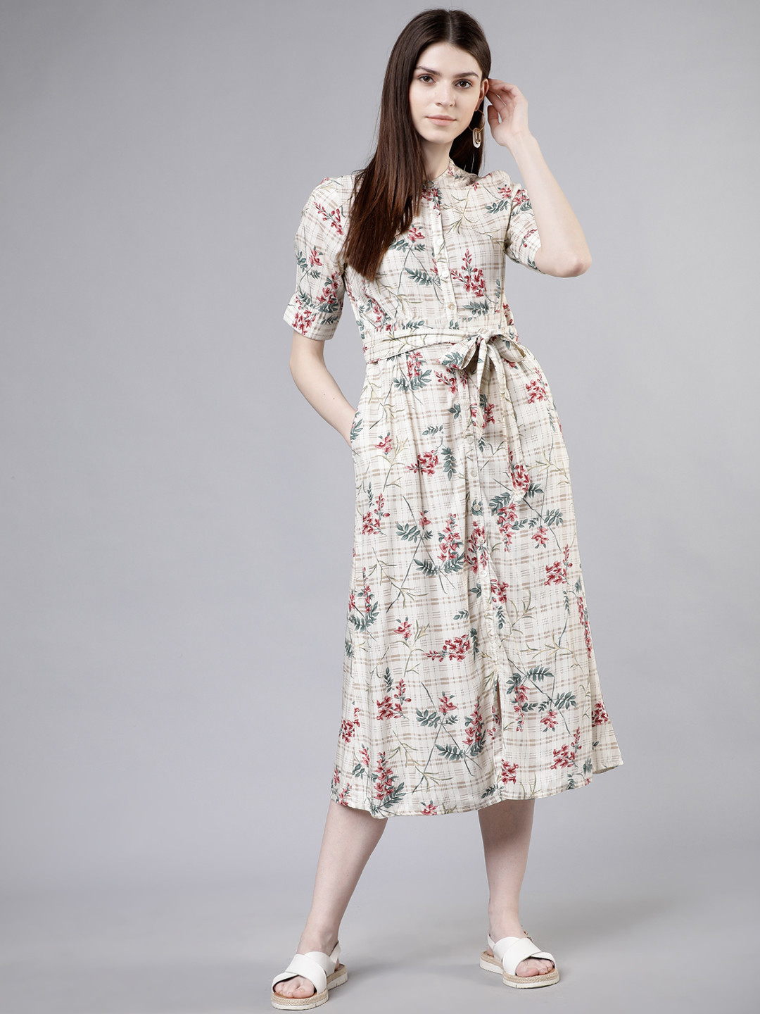 

Tokyo Talkies Women Cream-Coloured Floral Printed Shirt Dress