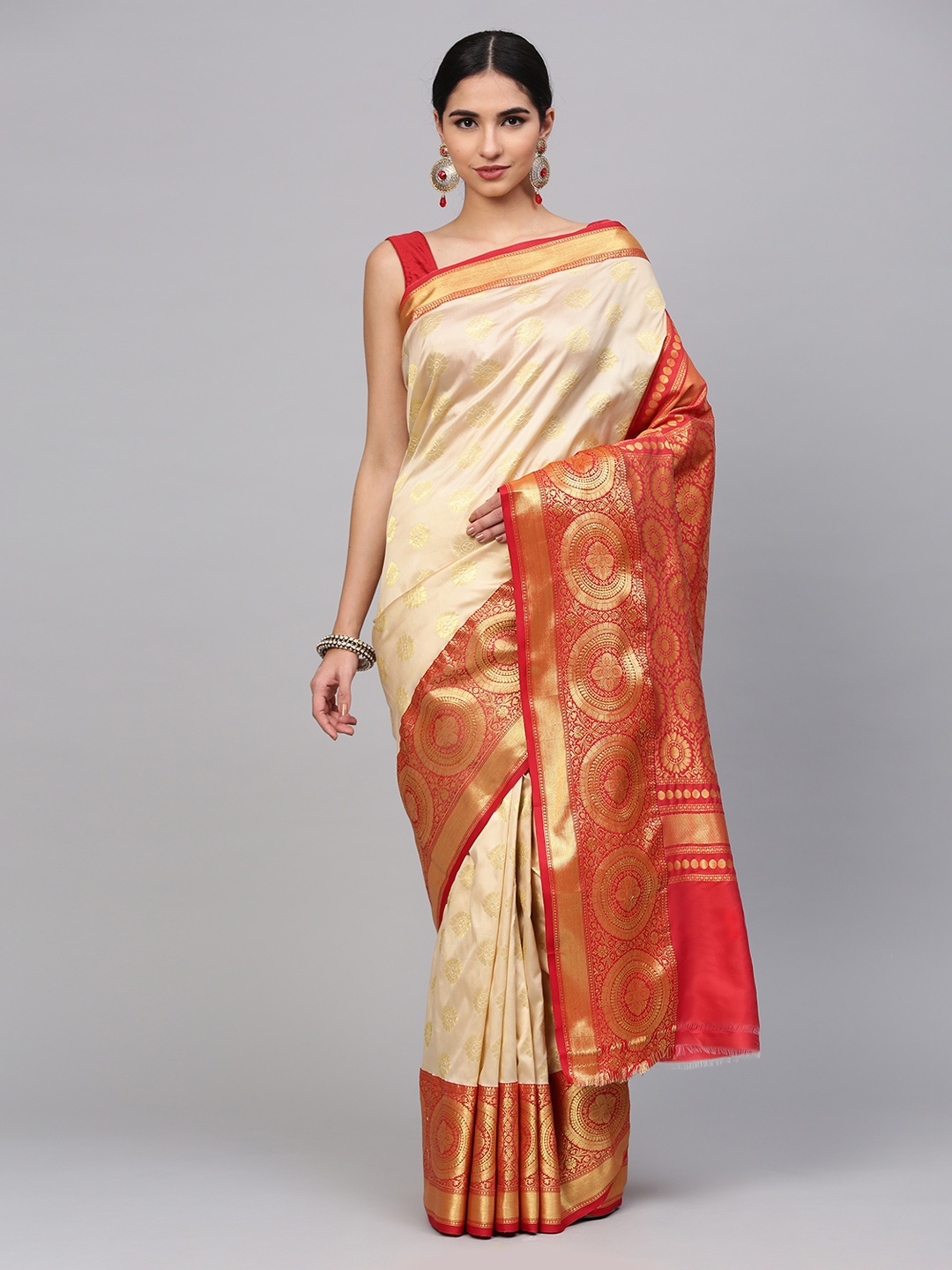 

Mitera Gold-Toned & Red Art Silk Woven Design Banarasi Saree