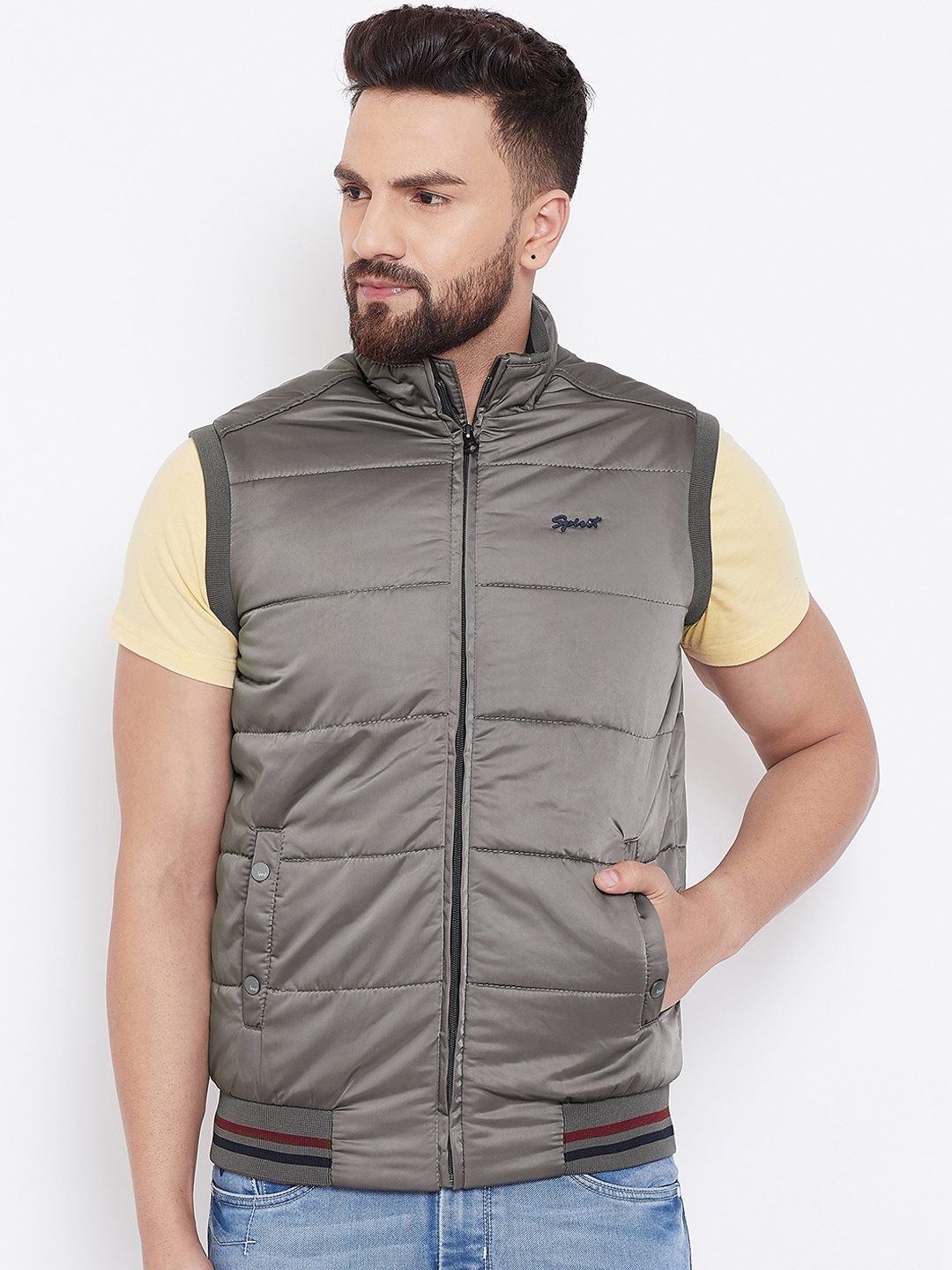 

Spirit Men Grey Solid Padded Sleeveless Jacket