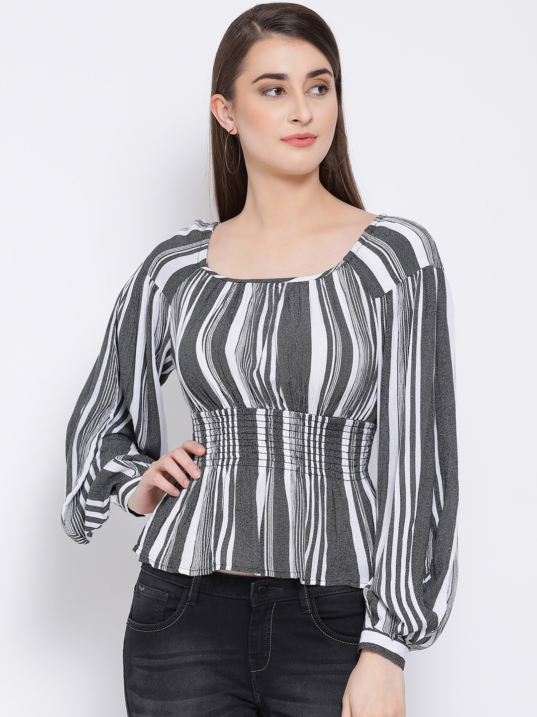 

Oxolloxo Women Grey Striped Smocked Cinched Waist Top