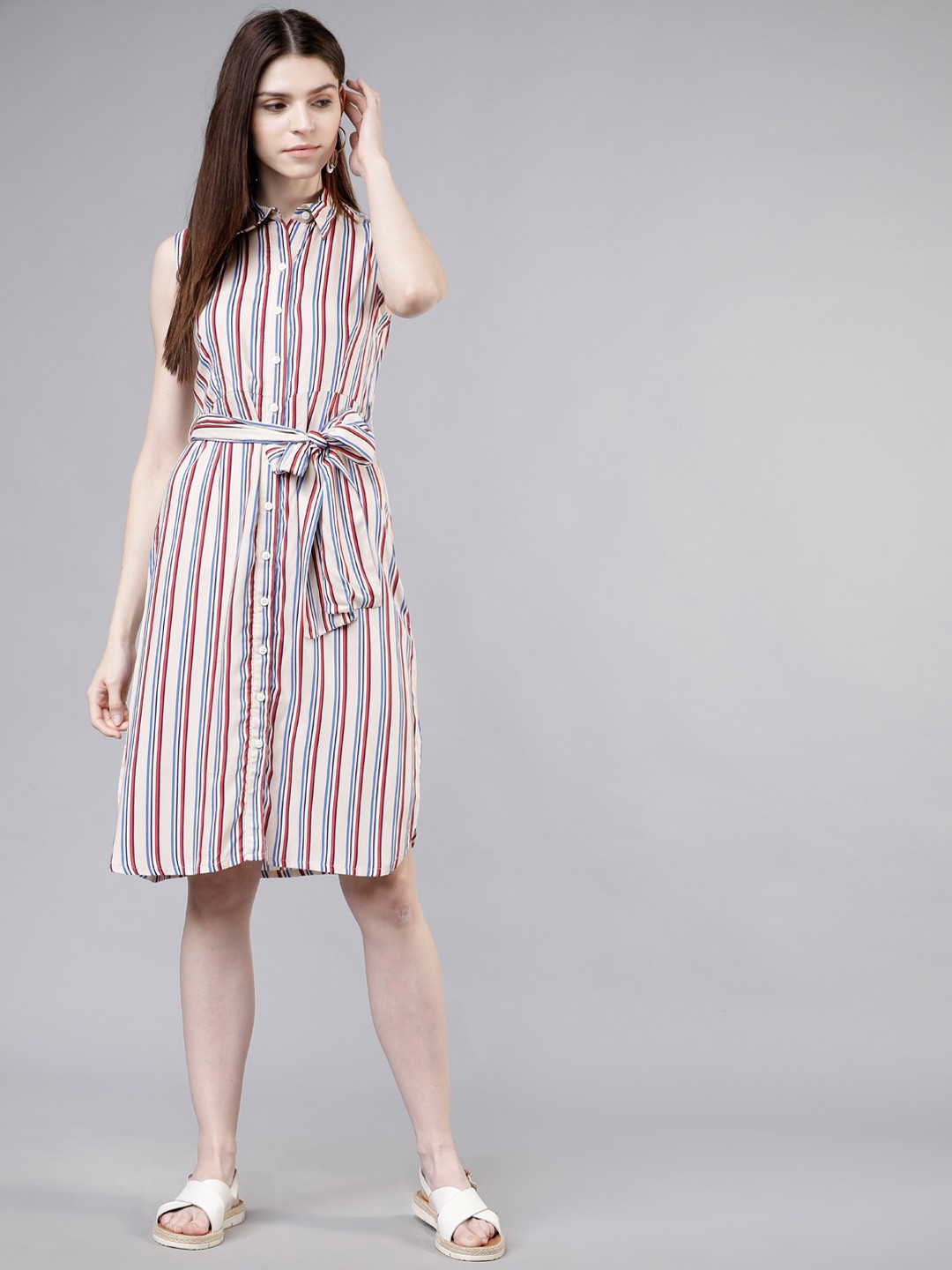 

Tokyo Talkies Women Beige & White Candy Stripe Shirt Dress