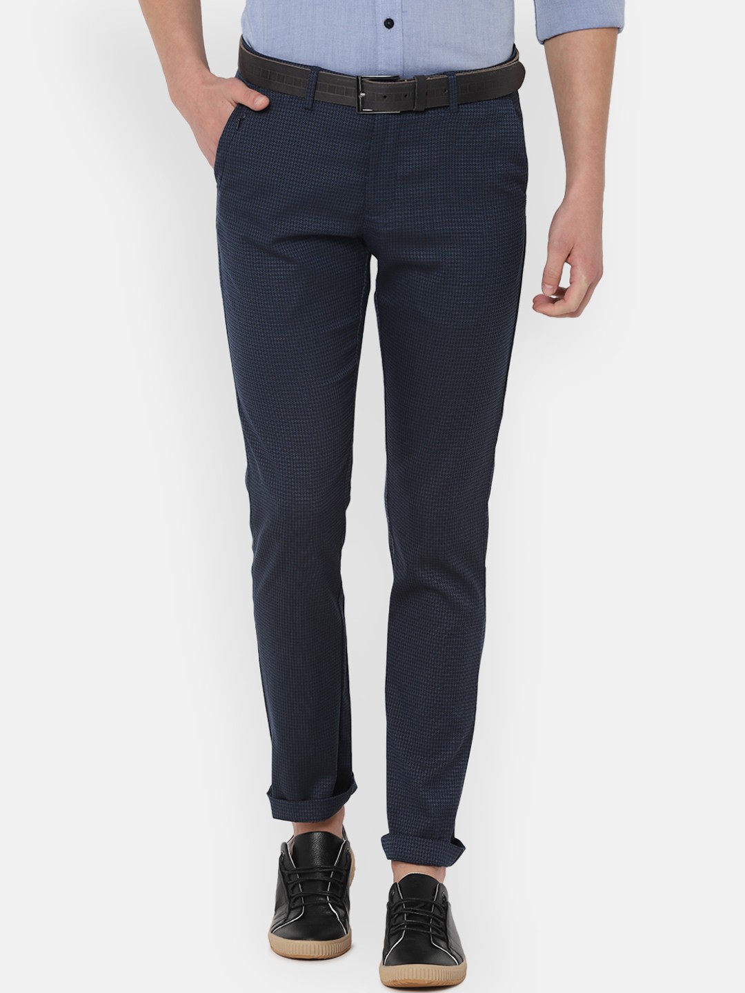 

Allen Solly Men Navy Blue Slim Fit Self Design Regular Trousers