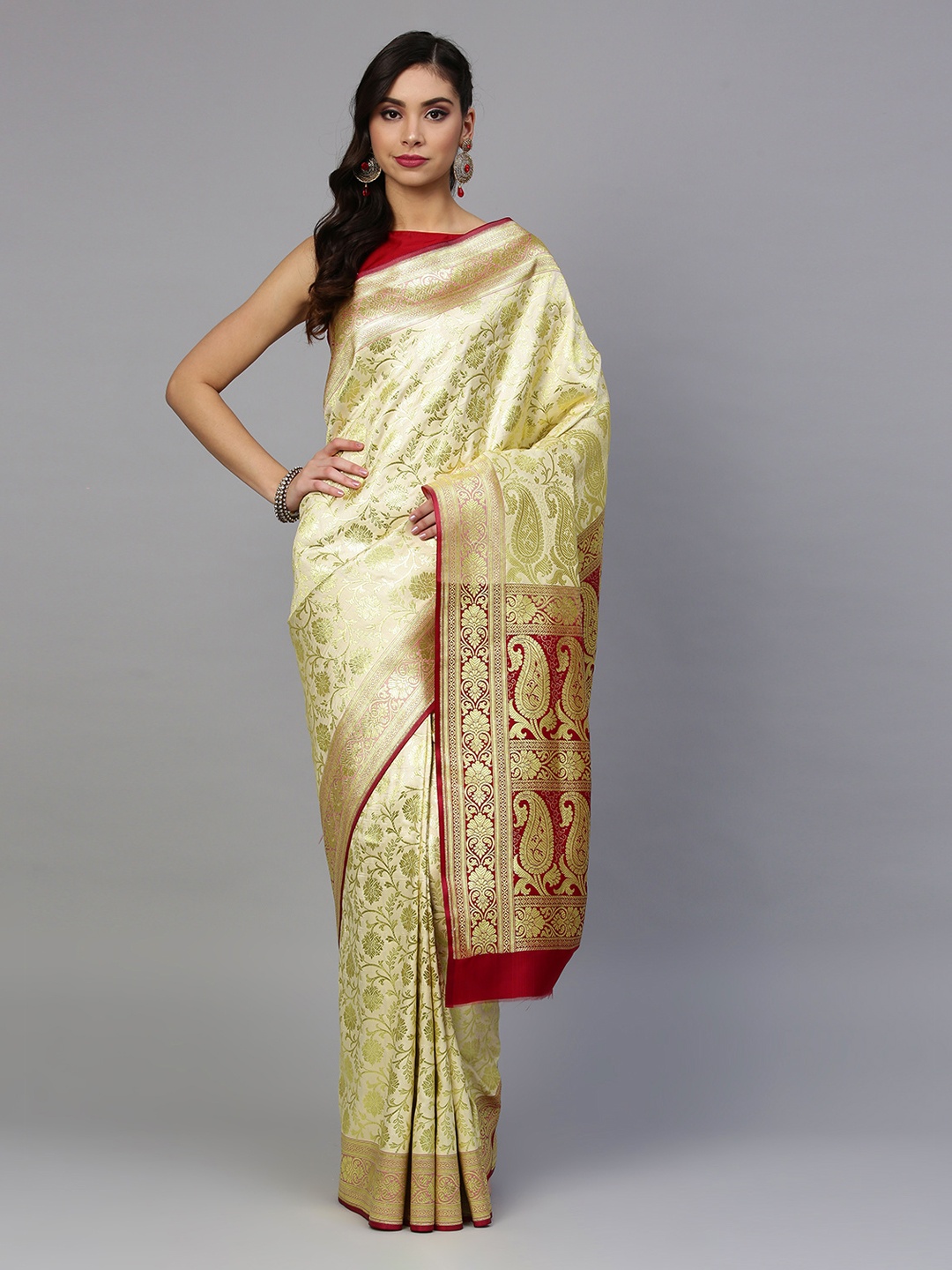 

Mitera Gold-Toned & Red Art Silk Woven Design Handloom Kanjeevaram Saree